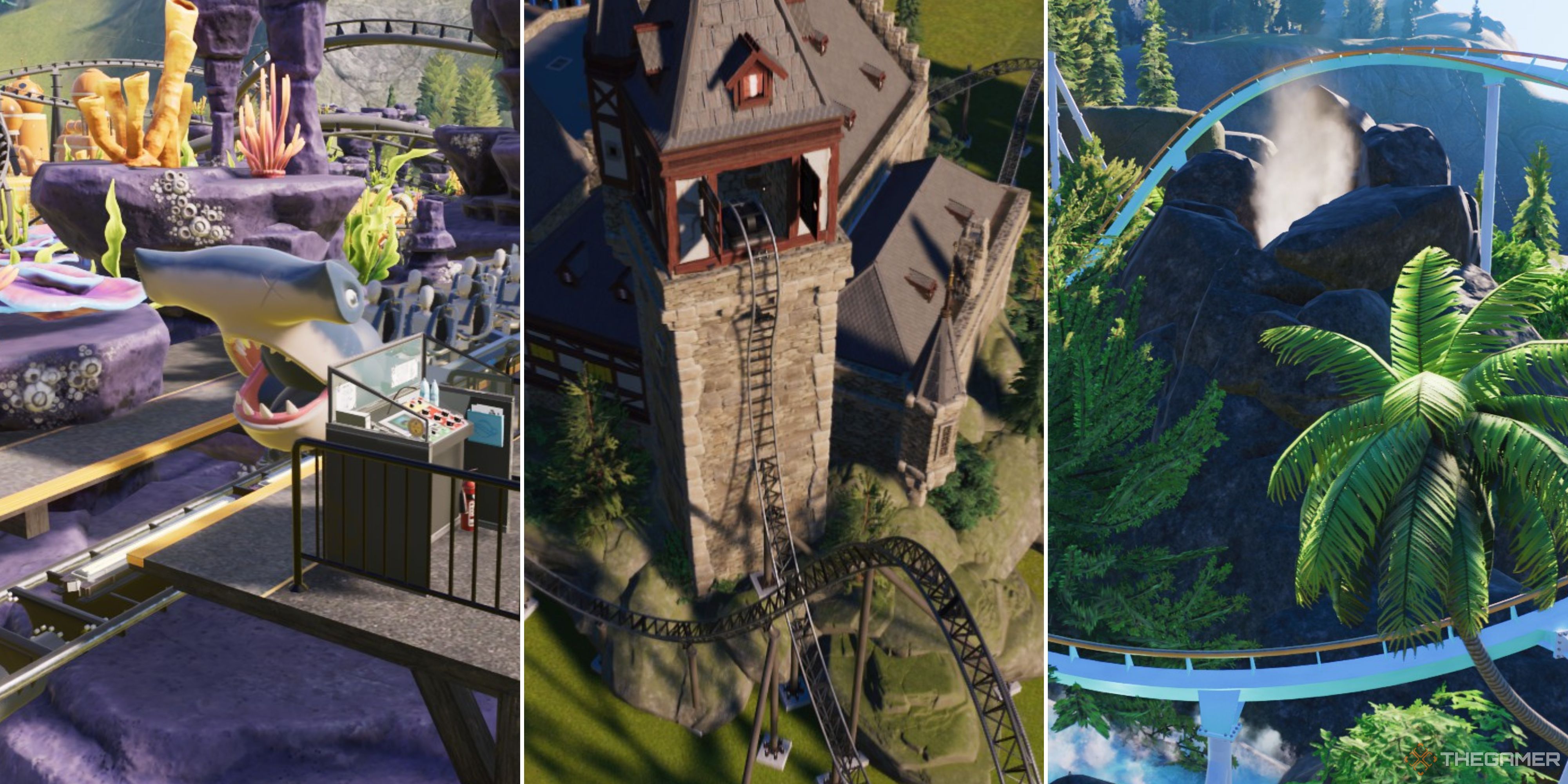 From left to right, there are Planet Coaster 2 screenshots of a shark-themed ride car, a coaster coming out of a castle, and a coaster looping around a volcano.