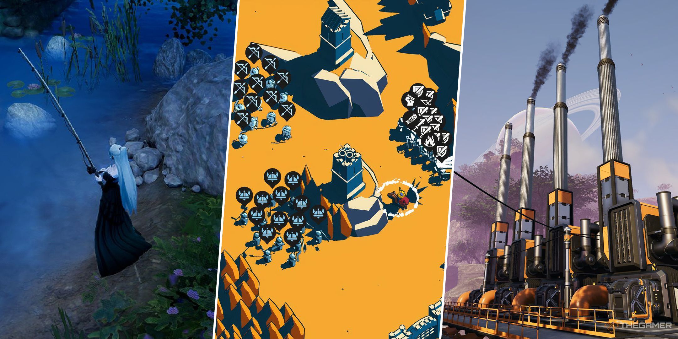 A split image with gameplay from V Rising, Thronefall, and Satisfactory.