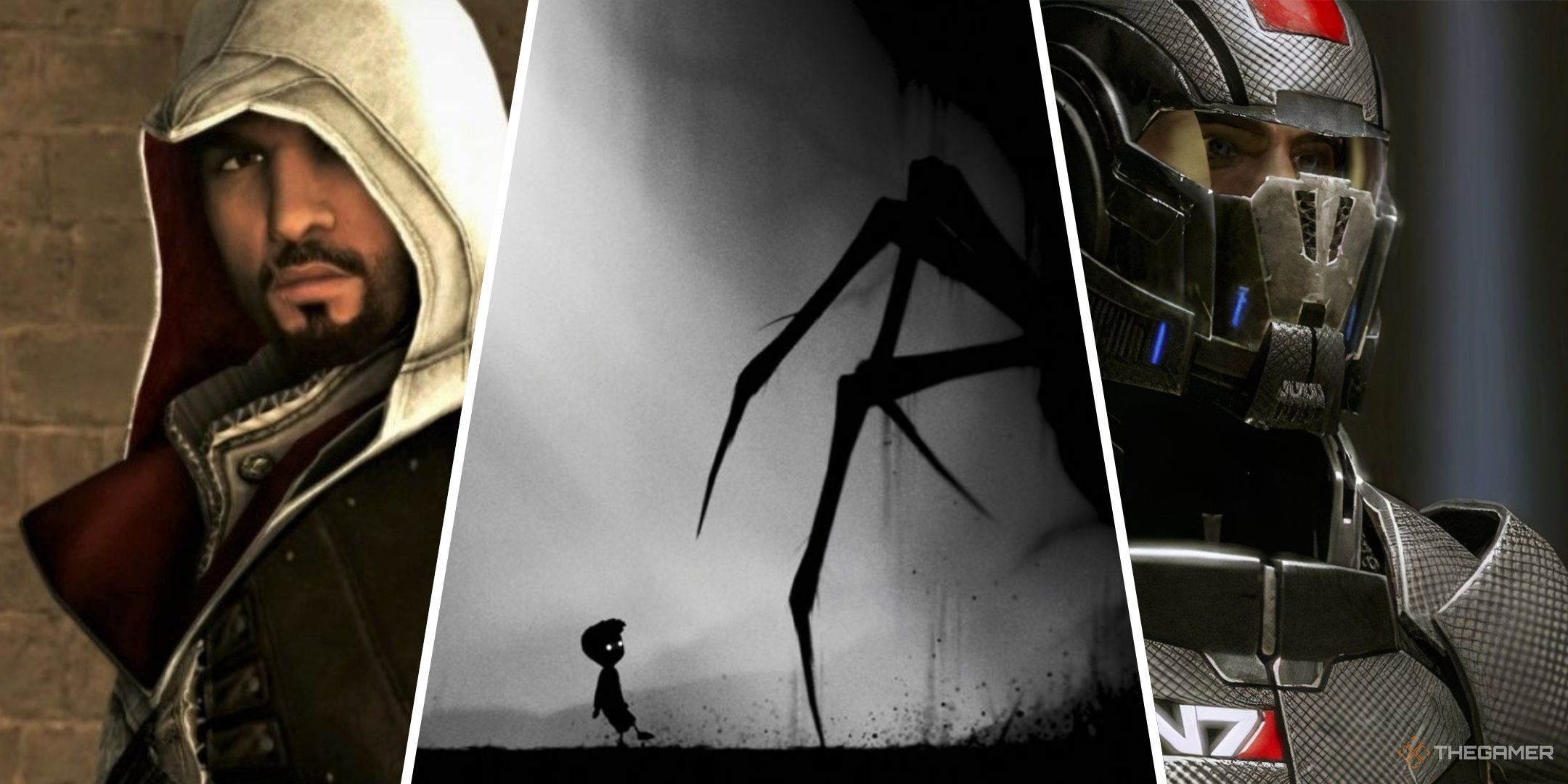 Games Turning 15 In 2025 Featured Image containing screenshots from Assassin&rsquo;s Creed Brotherhood, Limbo, and Mass Effect 2.