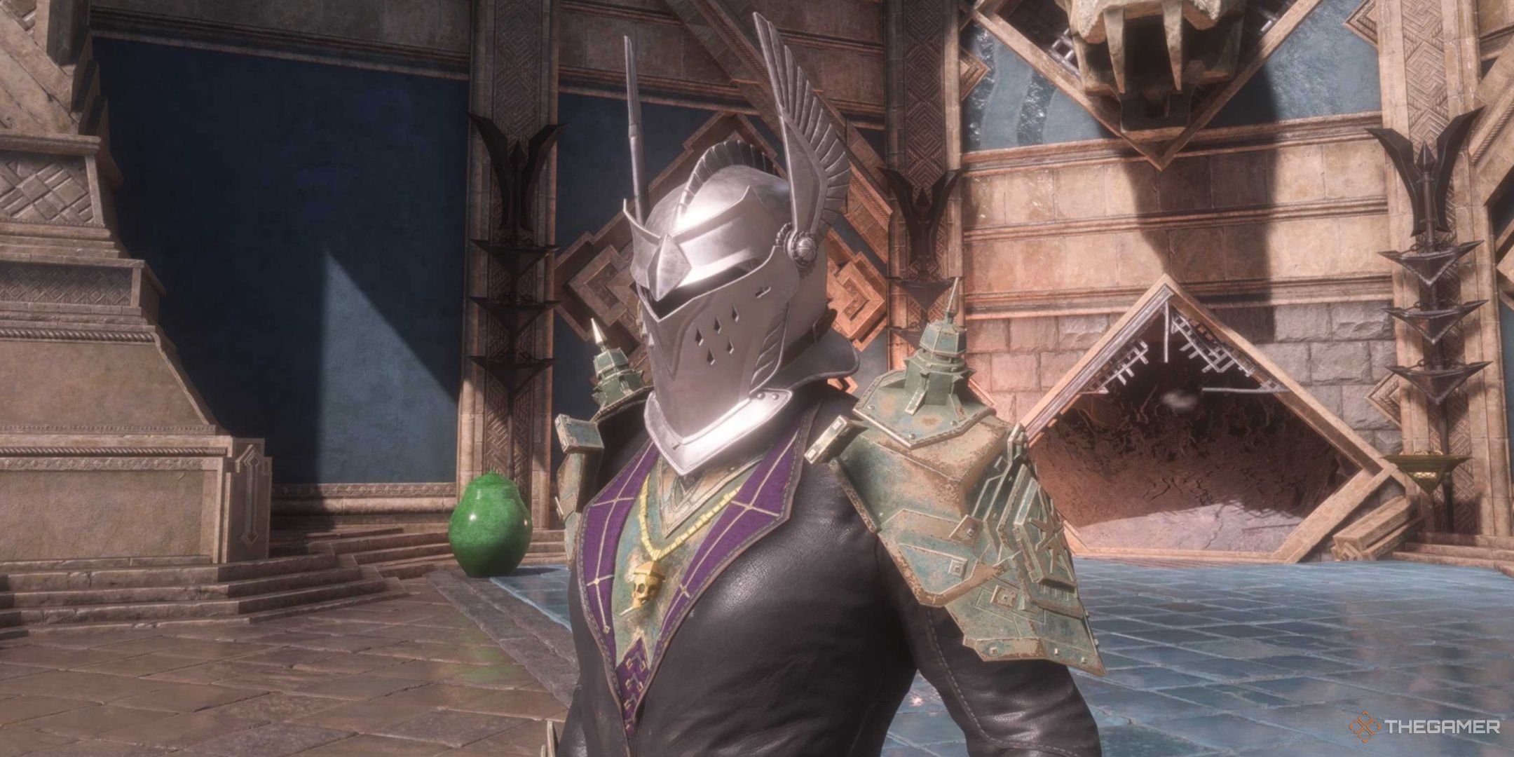 Rook wearing the Griffon Great Helm in Dragon Age: The Veilguard.