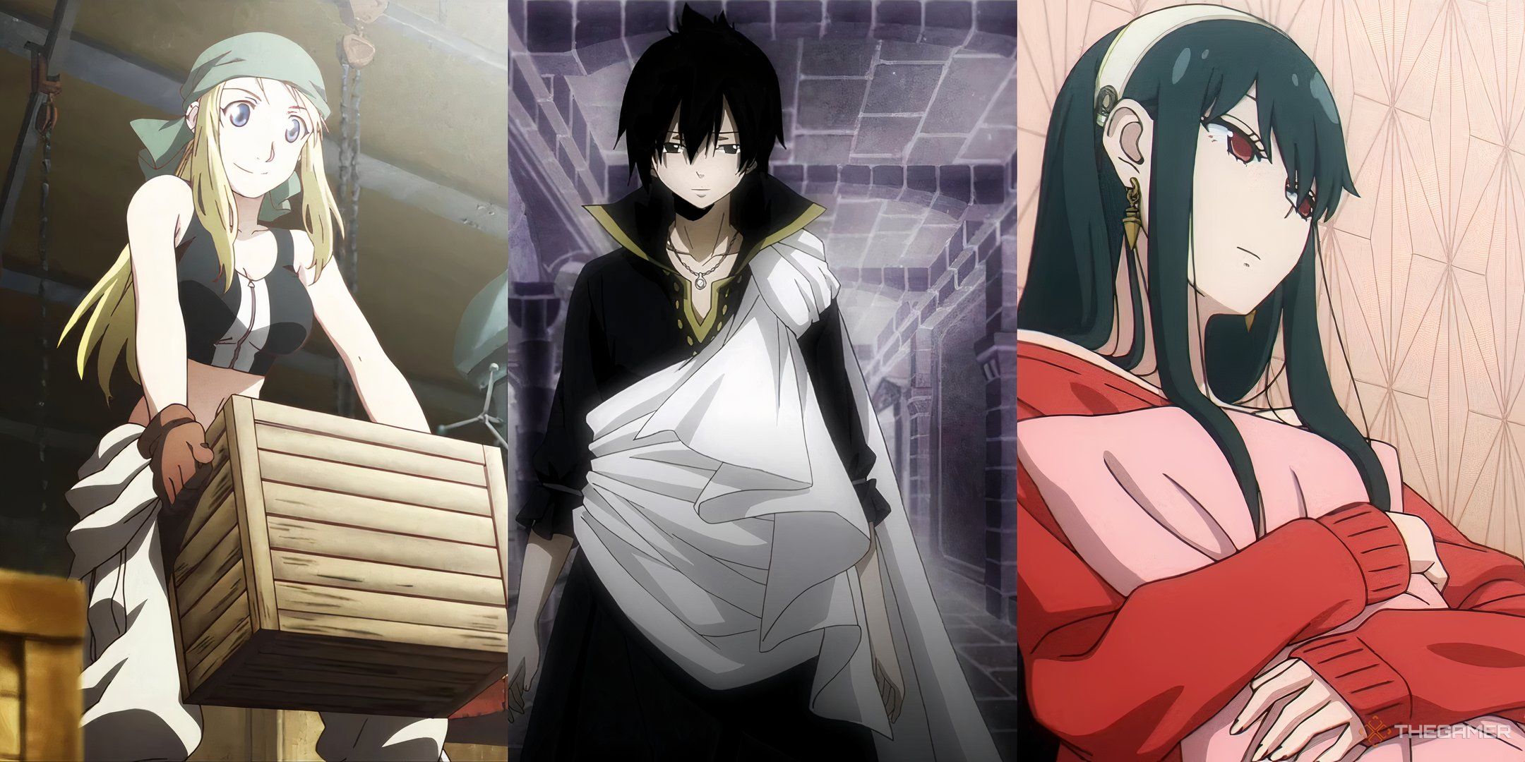 Winry Rockbell from Fullmetal Alchemist, Zeref from Fairy Tail, and Yor Forger from Spy x Family in a collage.