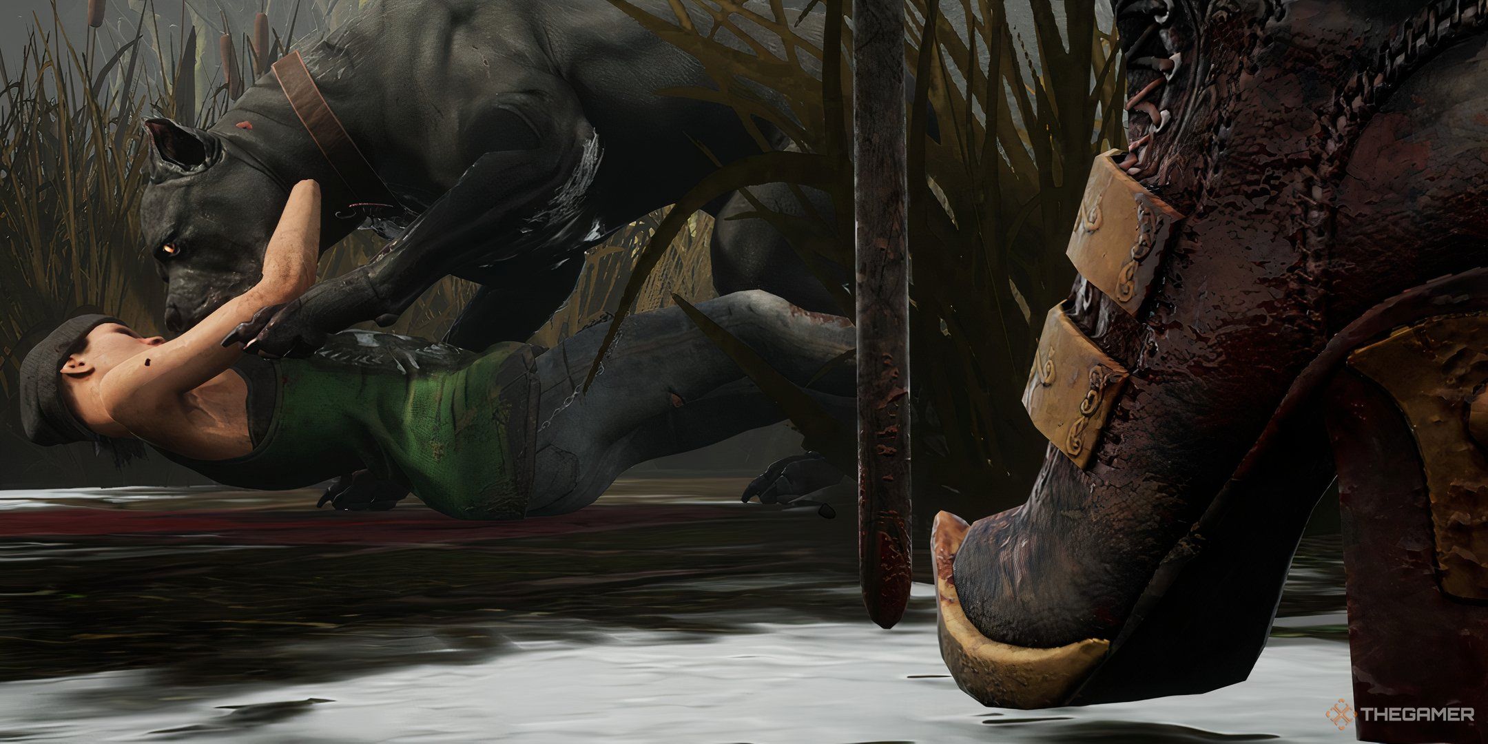 The Houndmaster watches Snug maul a Survivor during her Mori in Dead by Daylight.