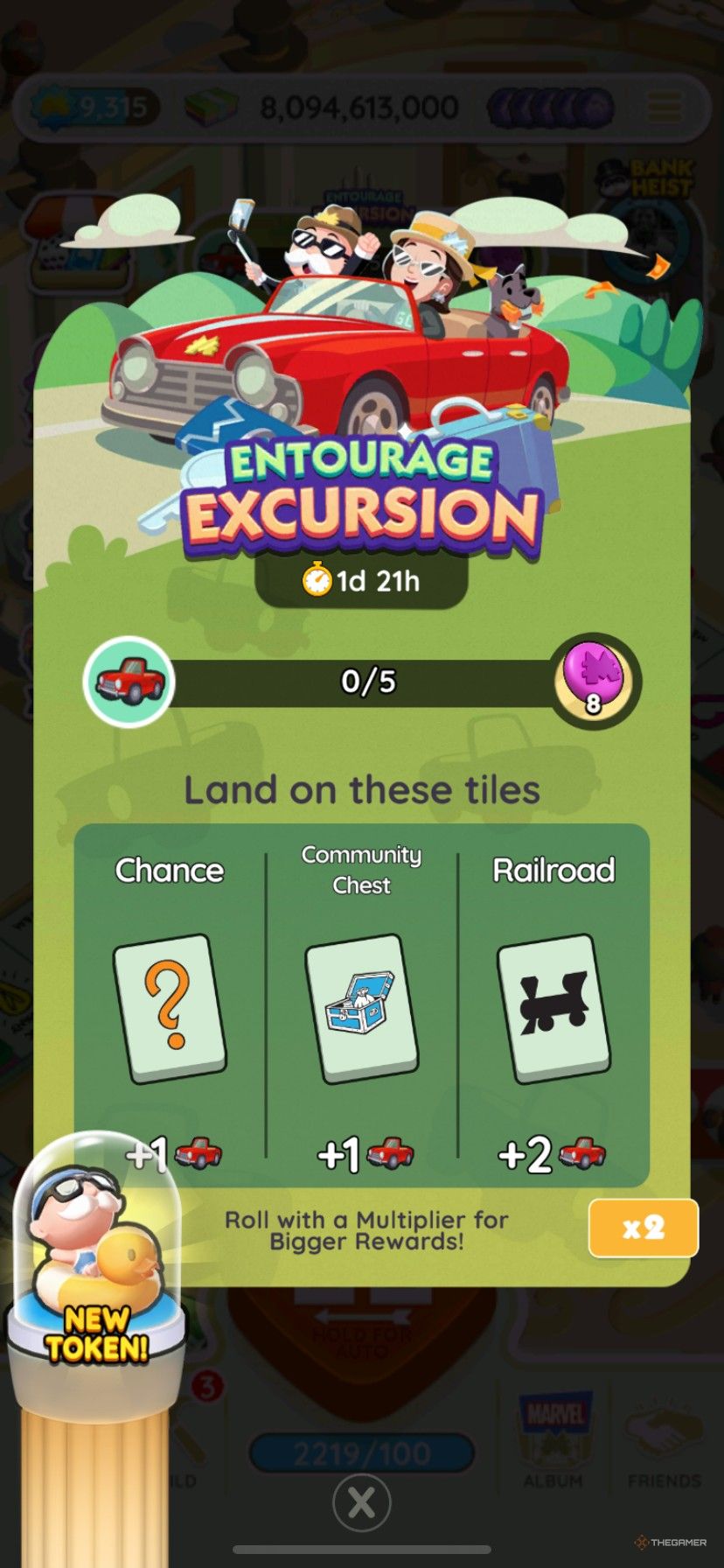 نحوه کسب امتیاز در Entourage Excursion در Monopoly Go، نشان دادن نشان Poolside Mr. M به عنوان جایزه.
