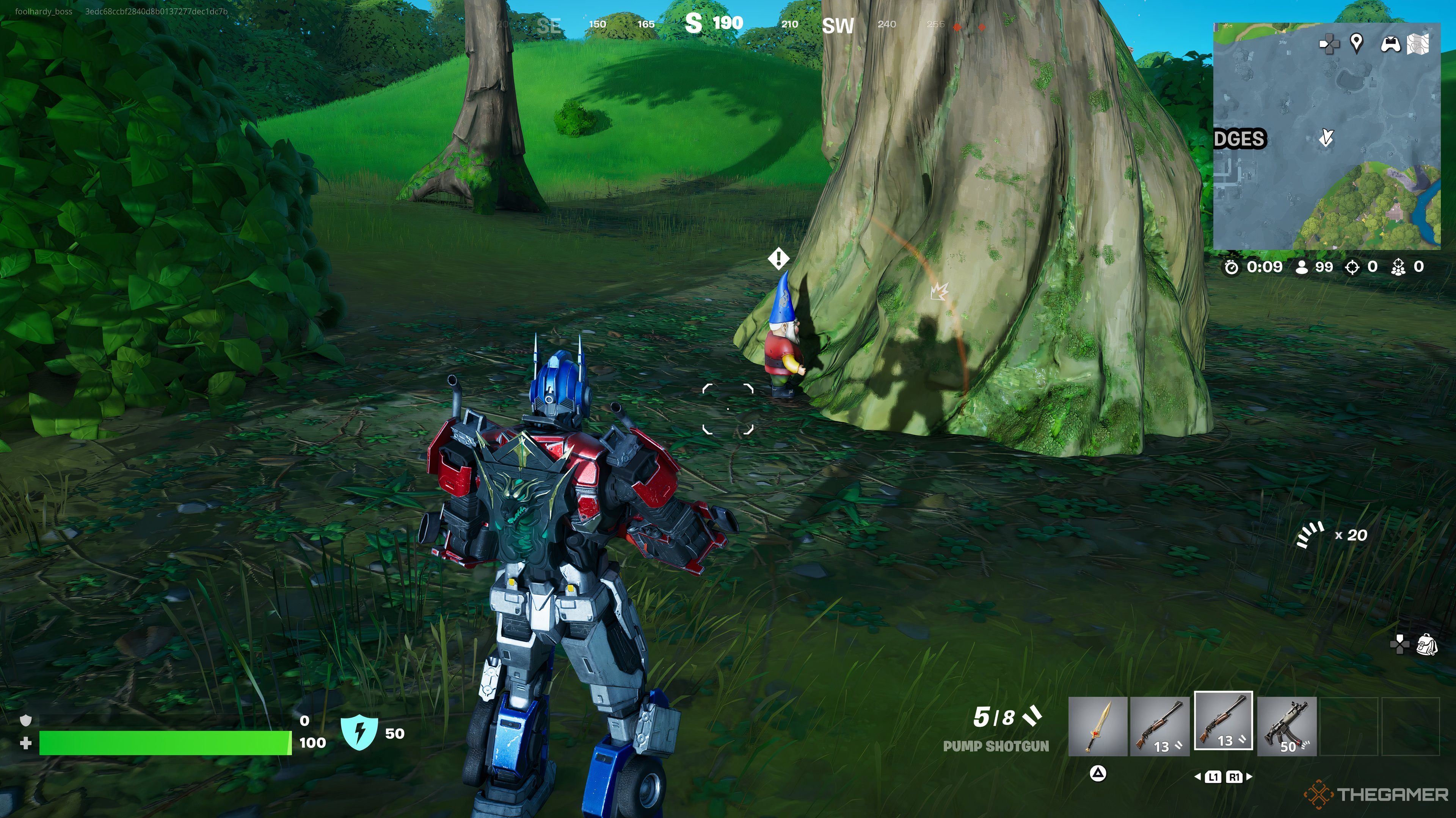 یک اسکرین شات از یک گنوم که در Remix فصل 2 Fortnite وارونه نگه داشته شده است.