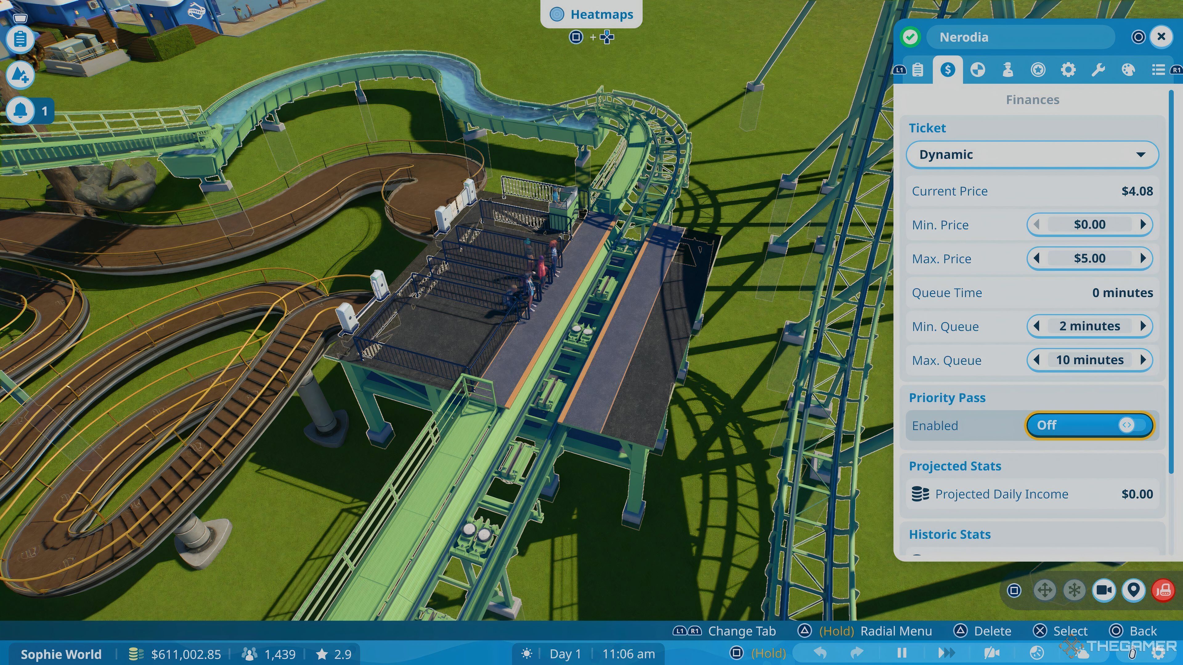 برگه مالی در منوی سواری برای تعیین مجوز اولویت در Planet Coaster 2.