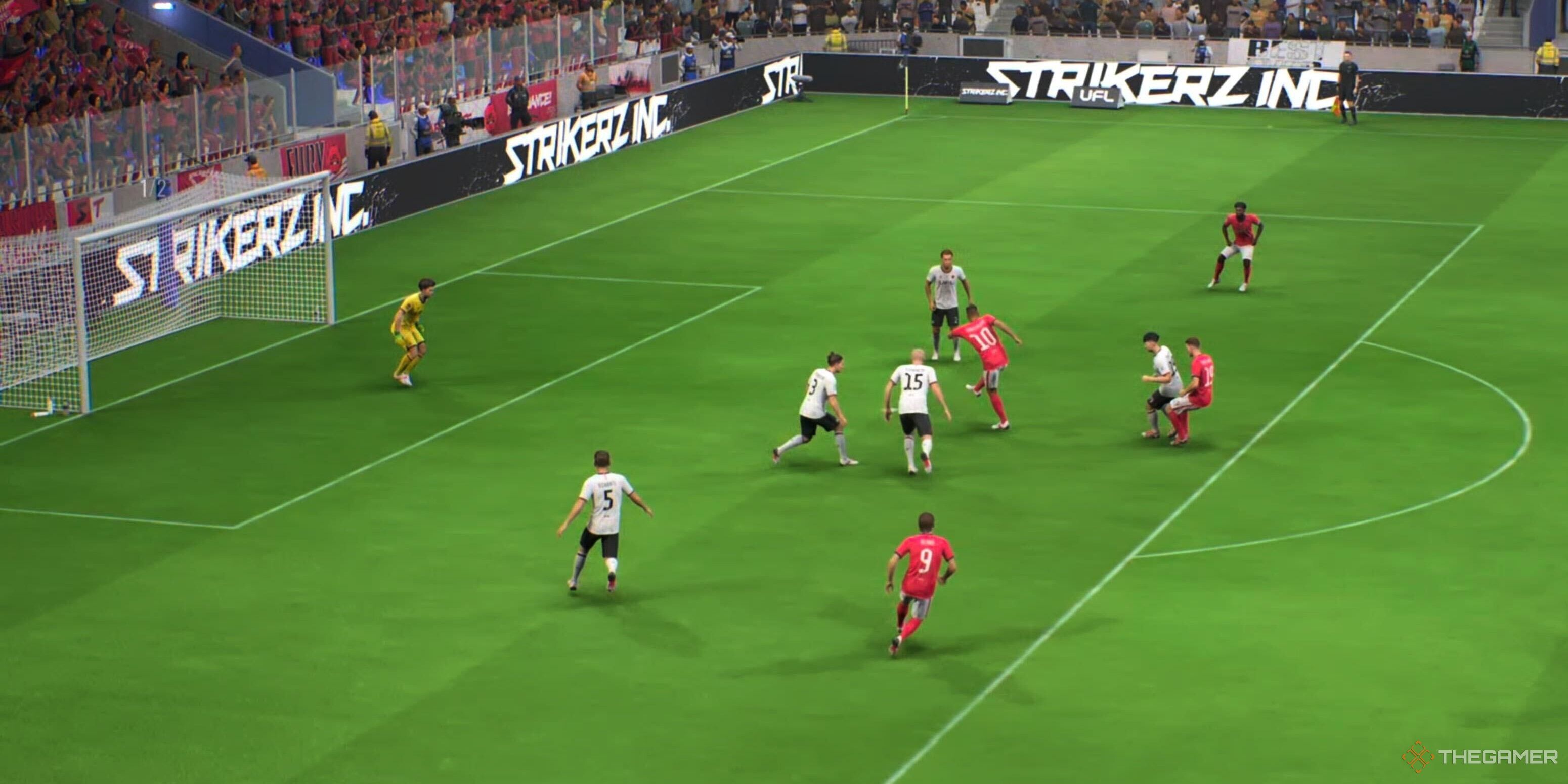 A player shooting at goal in UFL.