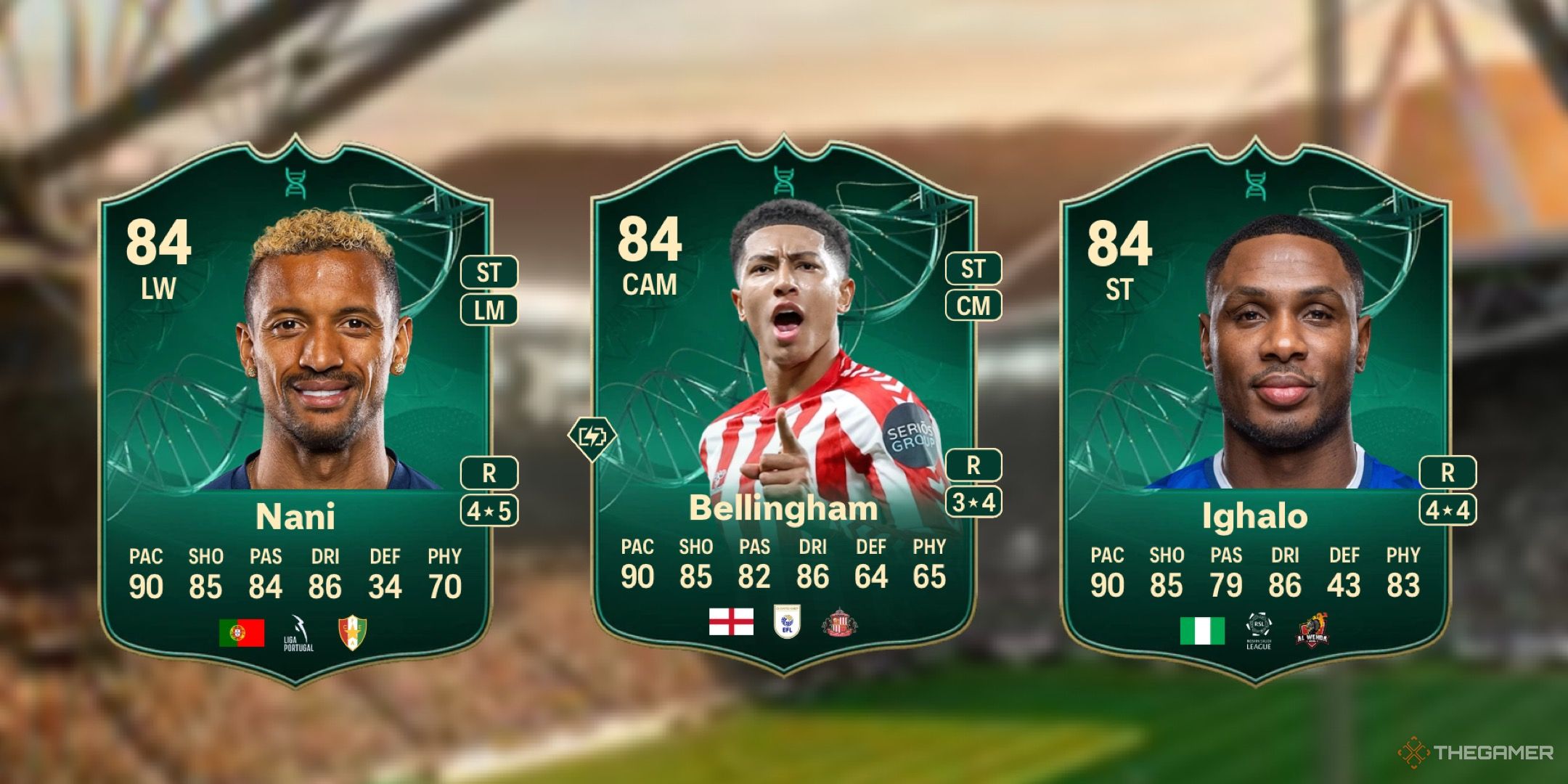 بهترین انتخابهای Track Thunder Evolution در EA Sports FC 25 1 تصویری که کارت نانی، بلینگهام و ایگالو را در پسزمینه زمین محو نشان میدهد.