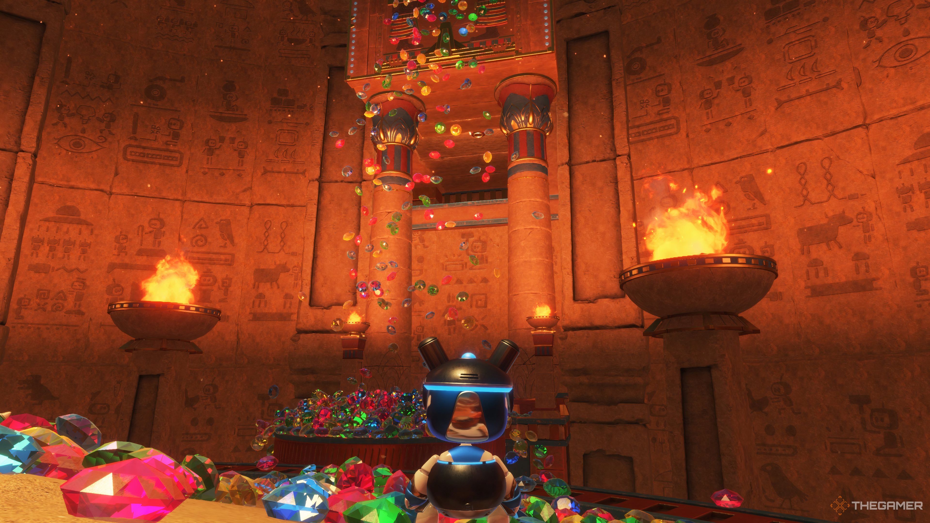 Astro looking at a platform covered entirely in large gemstones.