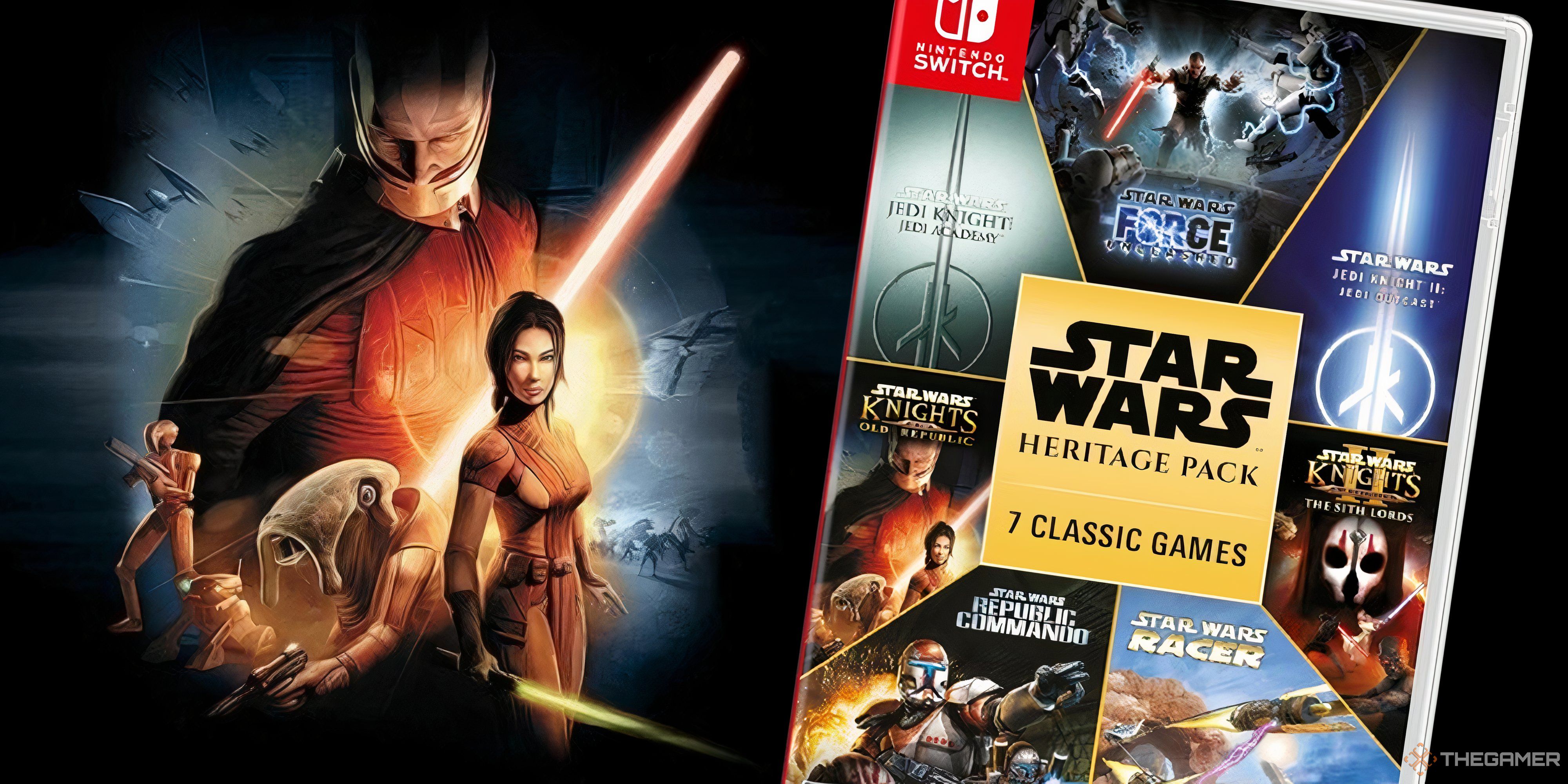 knights of the old republic characters next to a copy of the star wars heritage pack on nintendo switch.