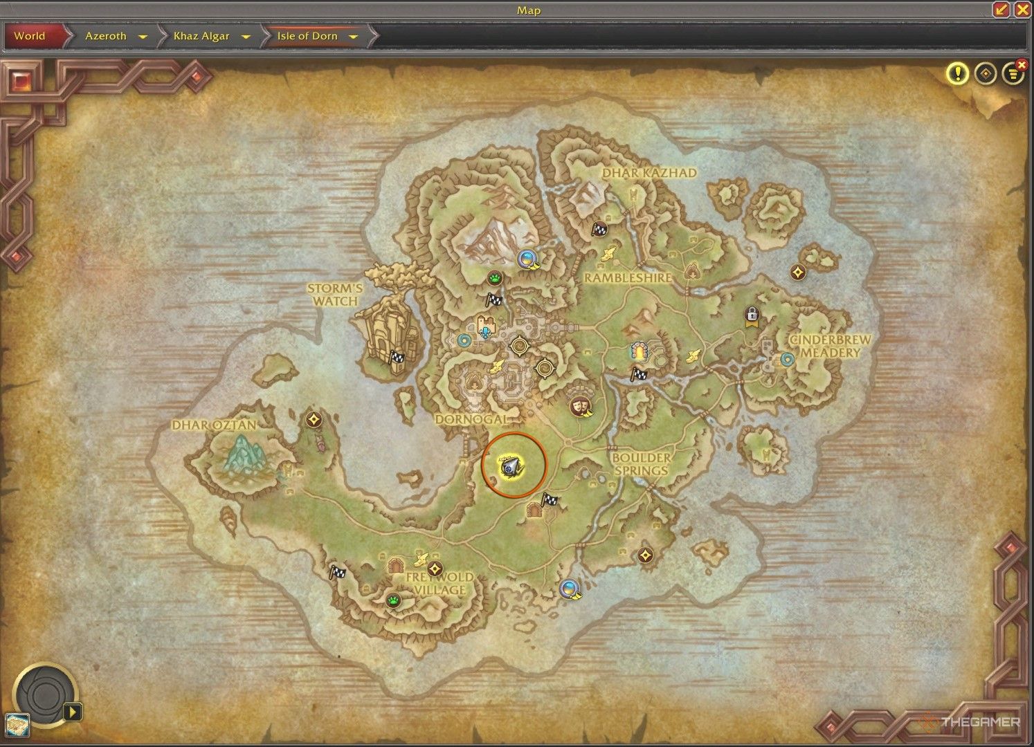 The location of Kordac, the Dormant Protector circled in orange on the map of the Isle of Dorn.