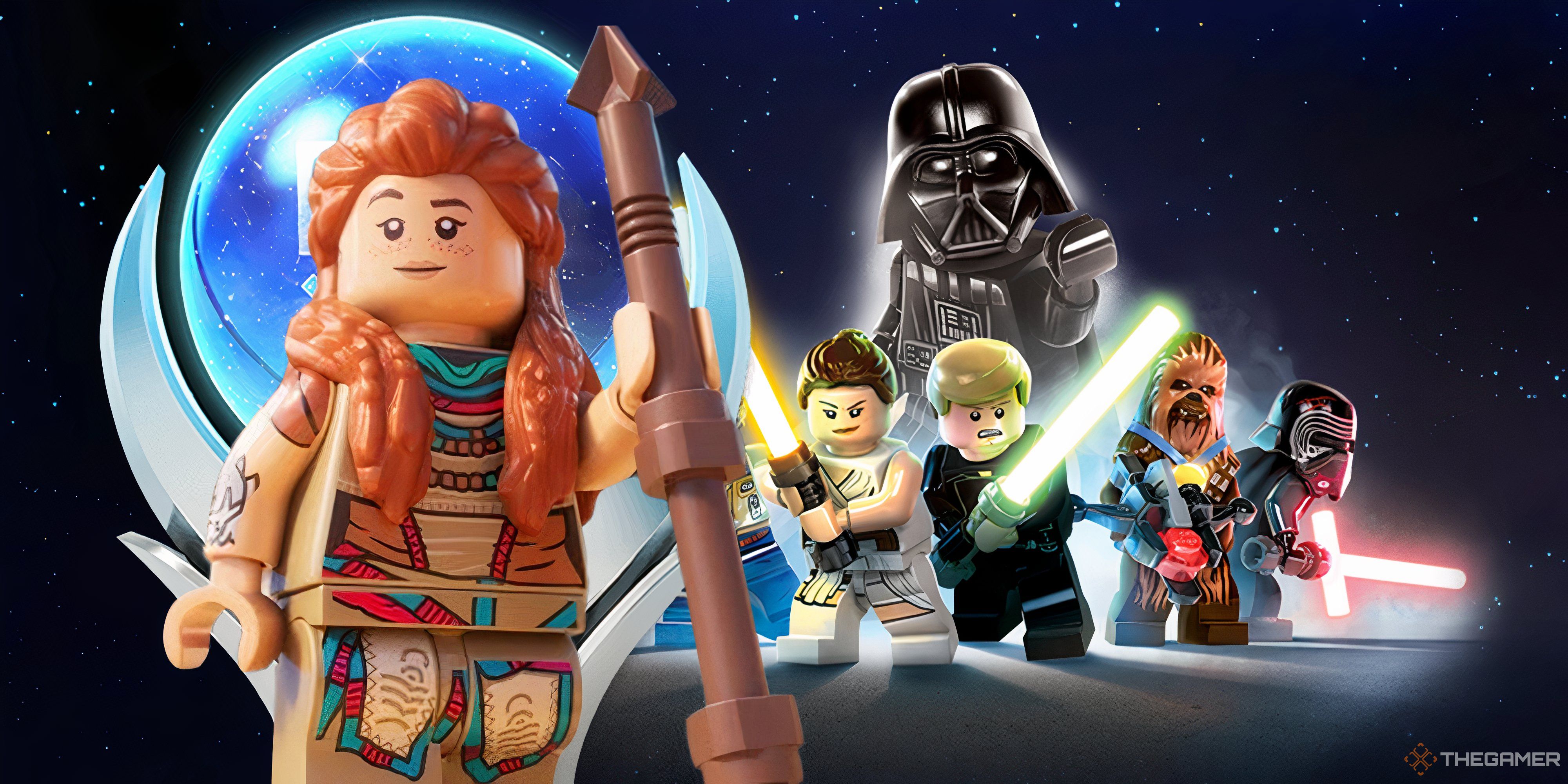 lego aloy in front of a platinum trophy next to characters from lego star wars.