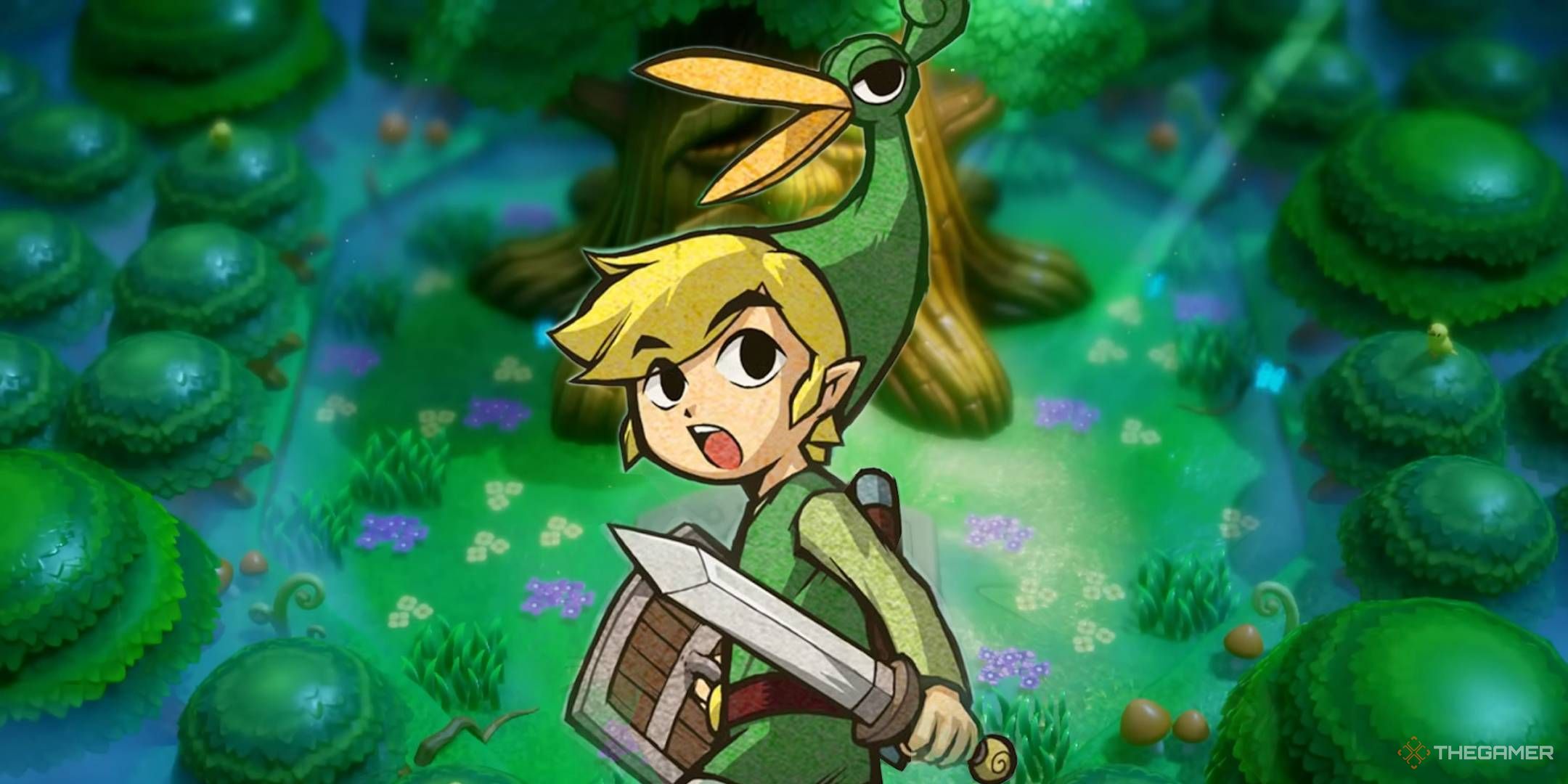 Link from Minish Cap over an image of the great deku tree from the legend of zelda echoes of wisdom