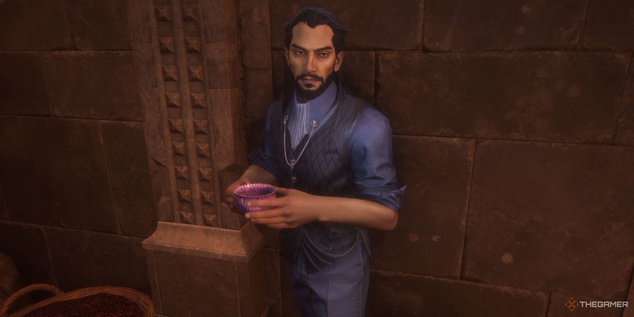 Lucanis drinking coffee in Dragon Age The Veilguard.