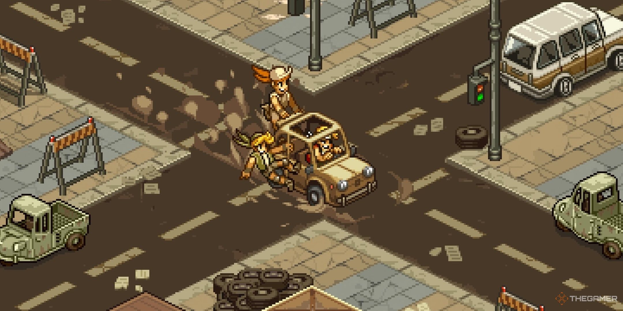 Marco, Eri, and Fio heading to their next mission in a car in Metal Slug Tactics.