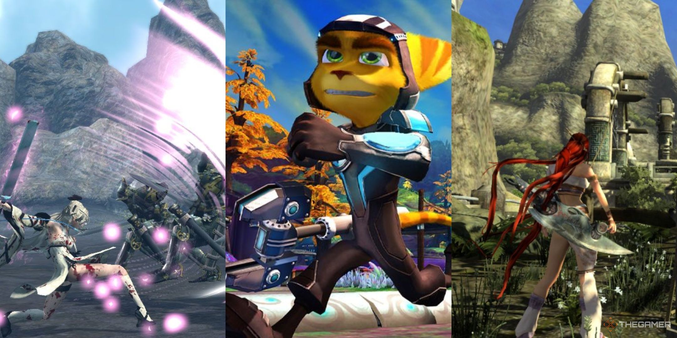 Zero attacking enemies in Drakengard 3, Ratchet in Ratchet and Clank Into The Nexus, and the main character of Heavenly Sword, left to right.