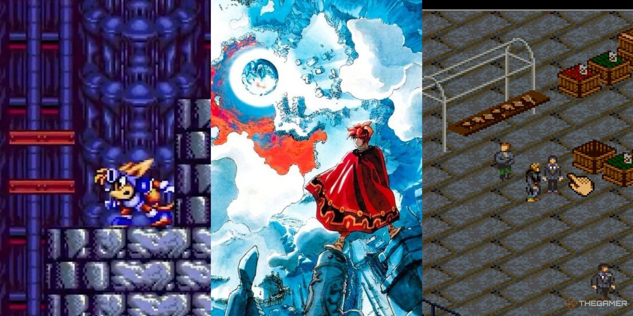 Sparkster crouched in Sparkster, the key art for terranigma, and top-down view with a hand of shadowrun, left to right.