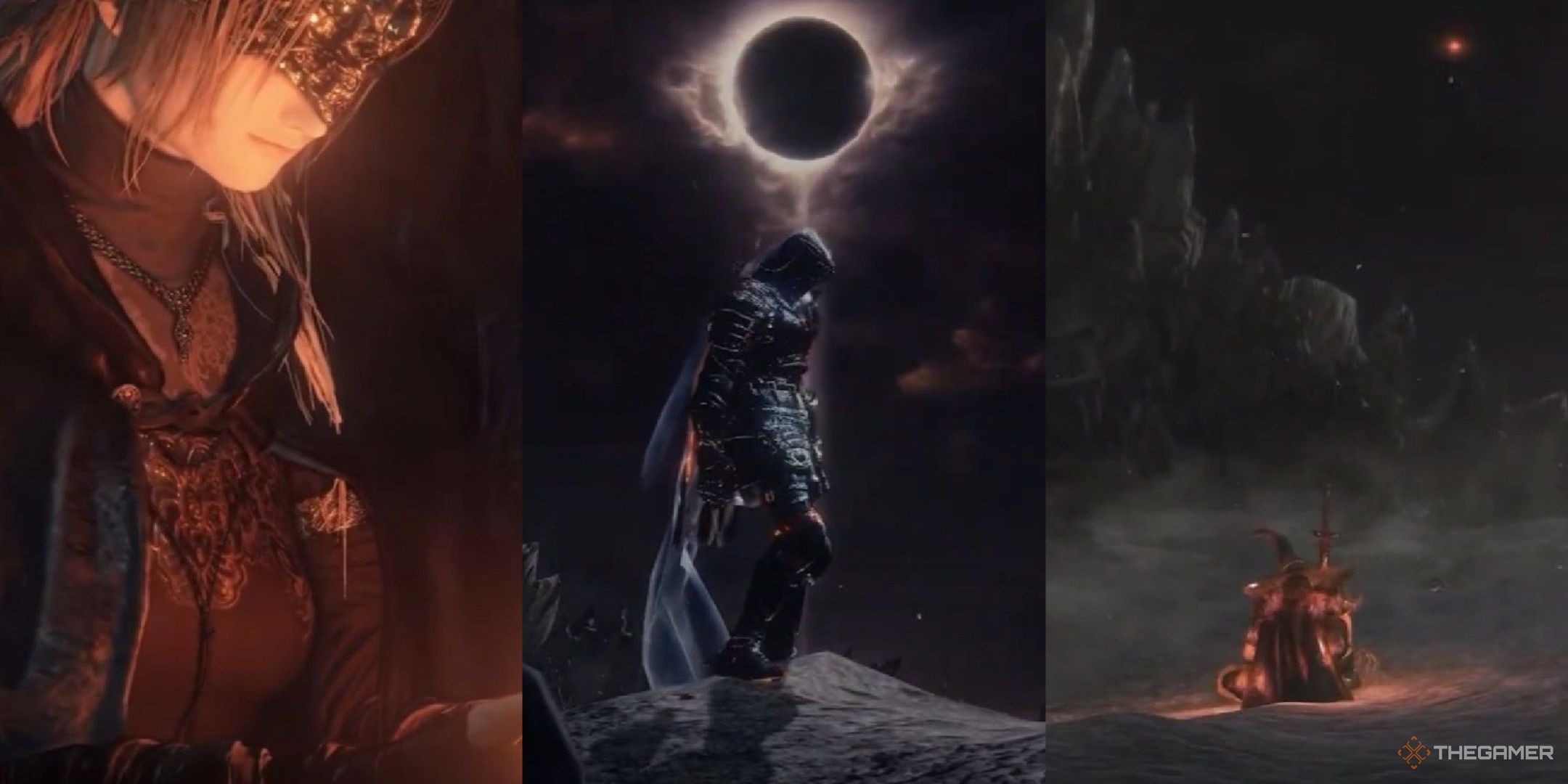 A collage showing three different endings in Dark Souls 3.