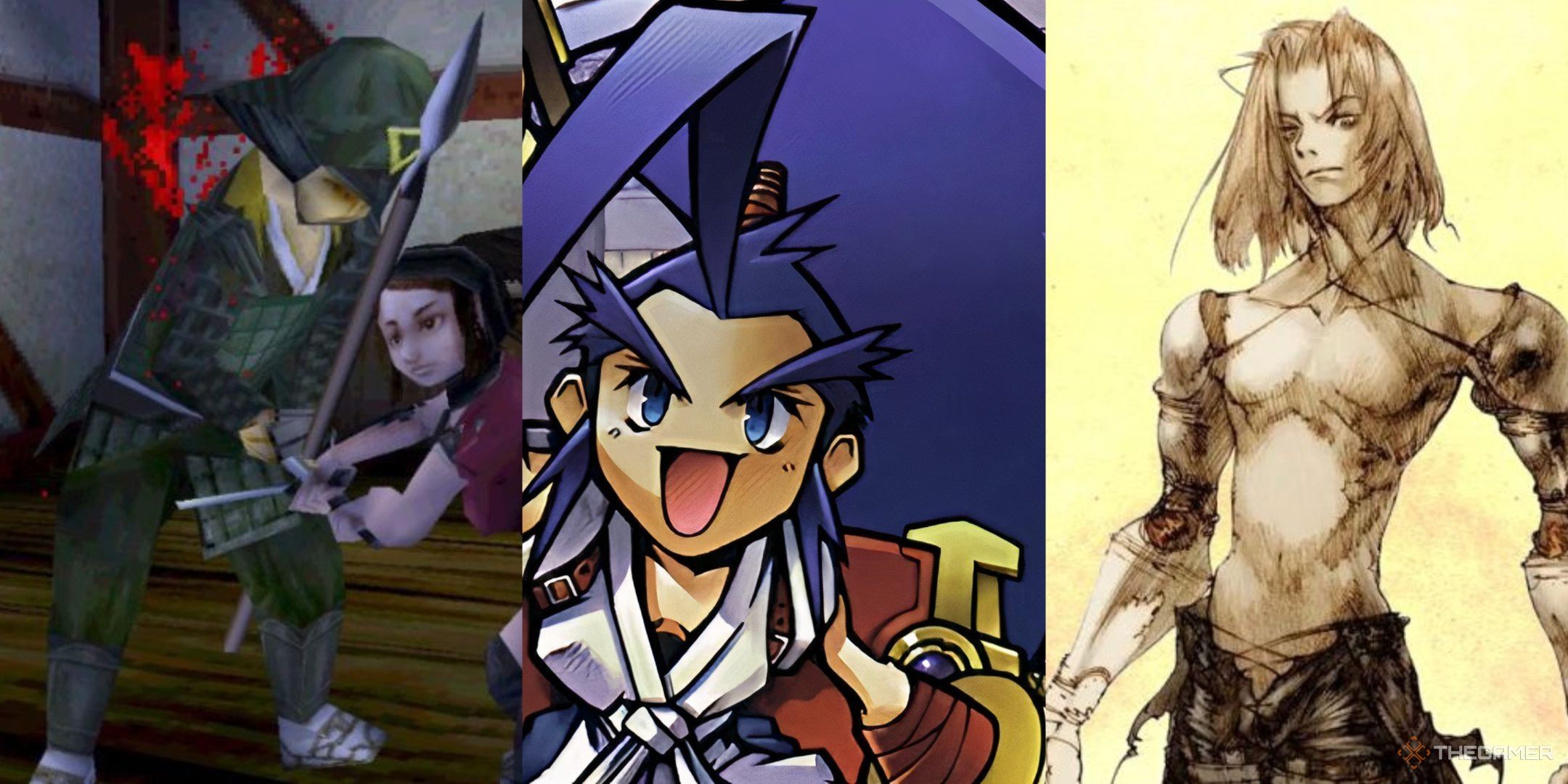 Ayame attacking an enemy in Tenchu, Musashi smiling in Brave Fencer Musashi art, and a character from Vagrant Story, left to right.