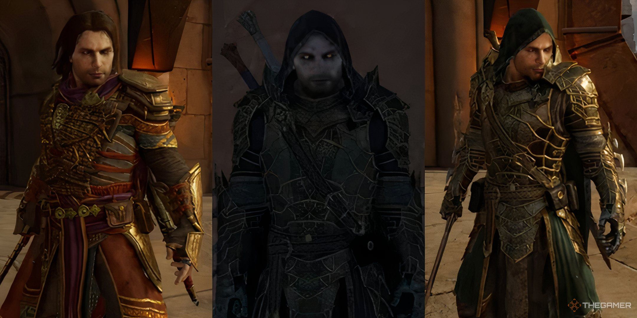 A collage showing three different Legendary sets in Middle-Earth: Shadow Of War.