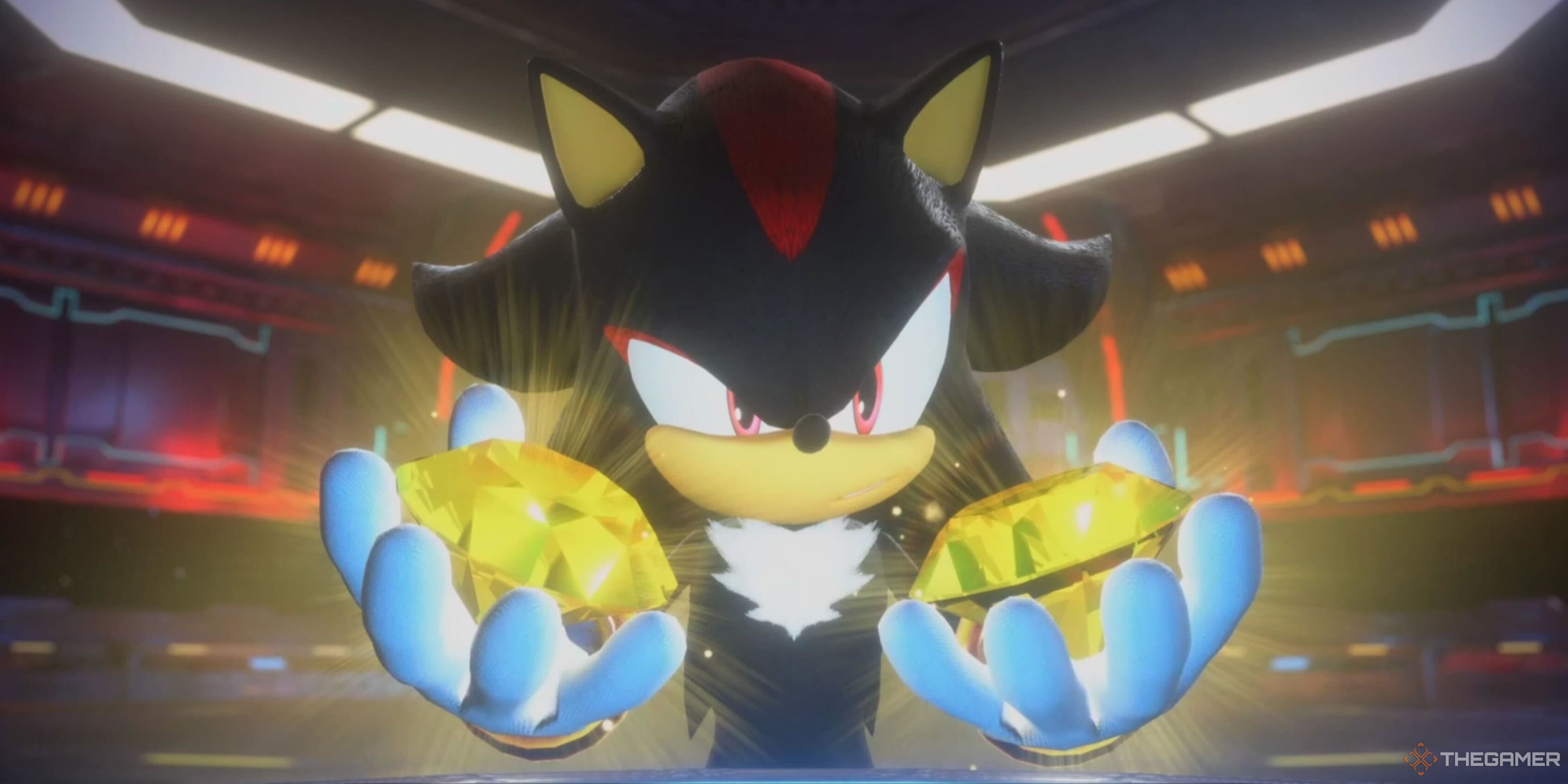 Shadow looking at two yellow chaos emeralds in Sonic X Shadow generations.