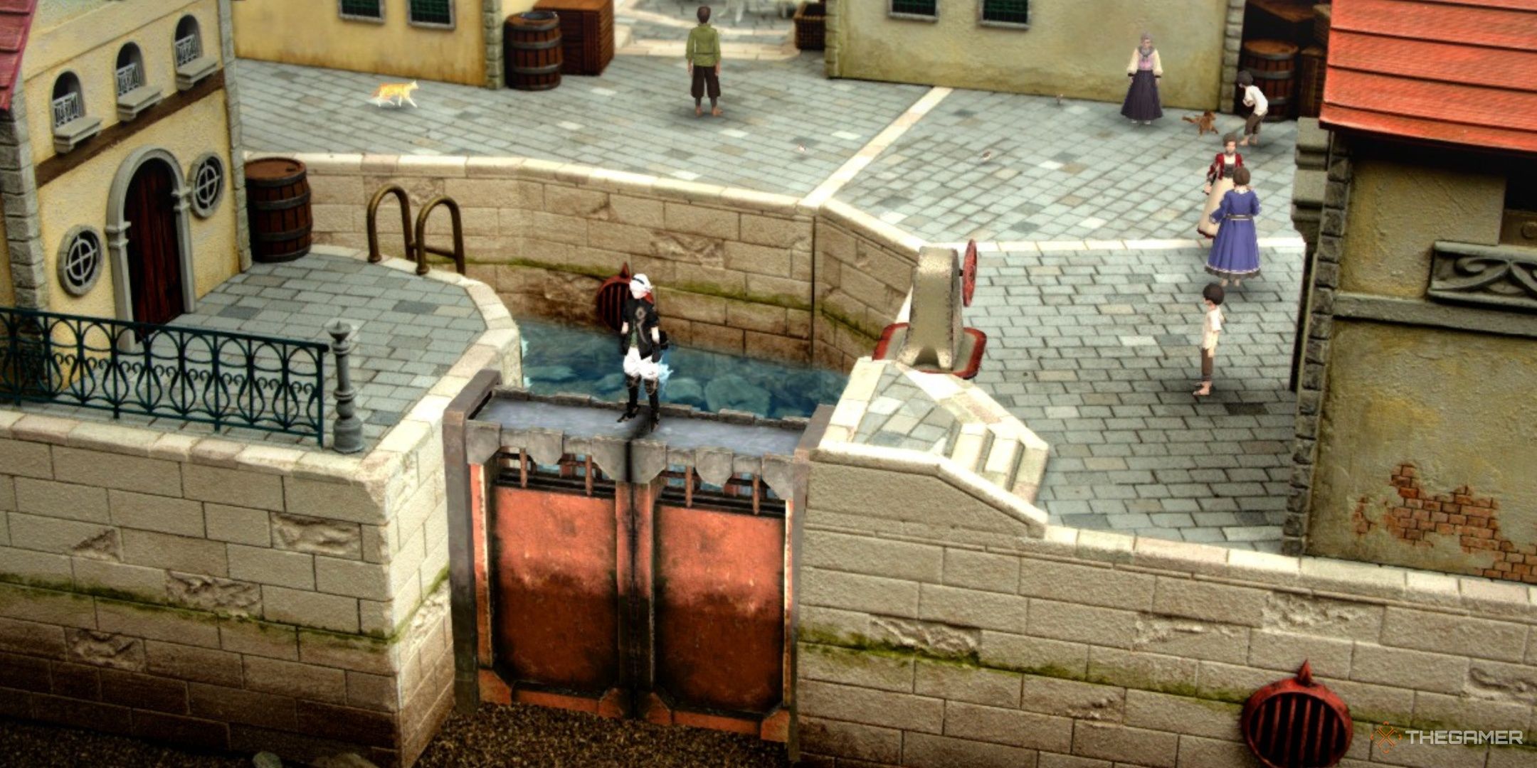 Leo standing on a closed floodgate in Vence in Fantasian Neo Dimension.