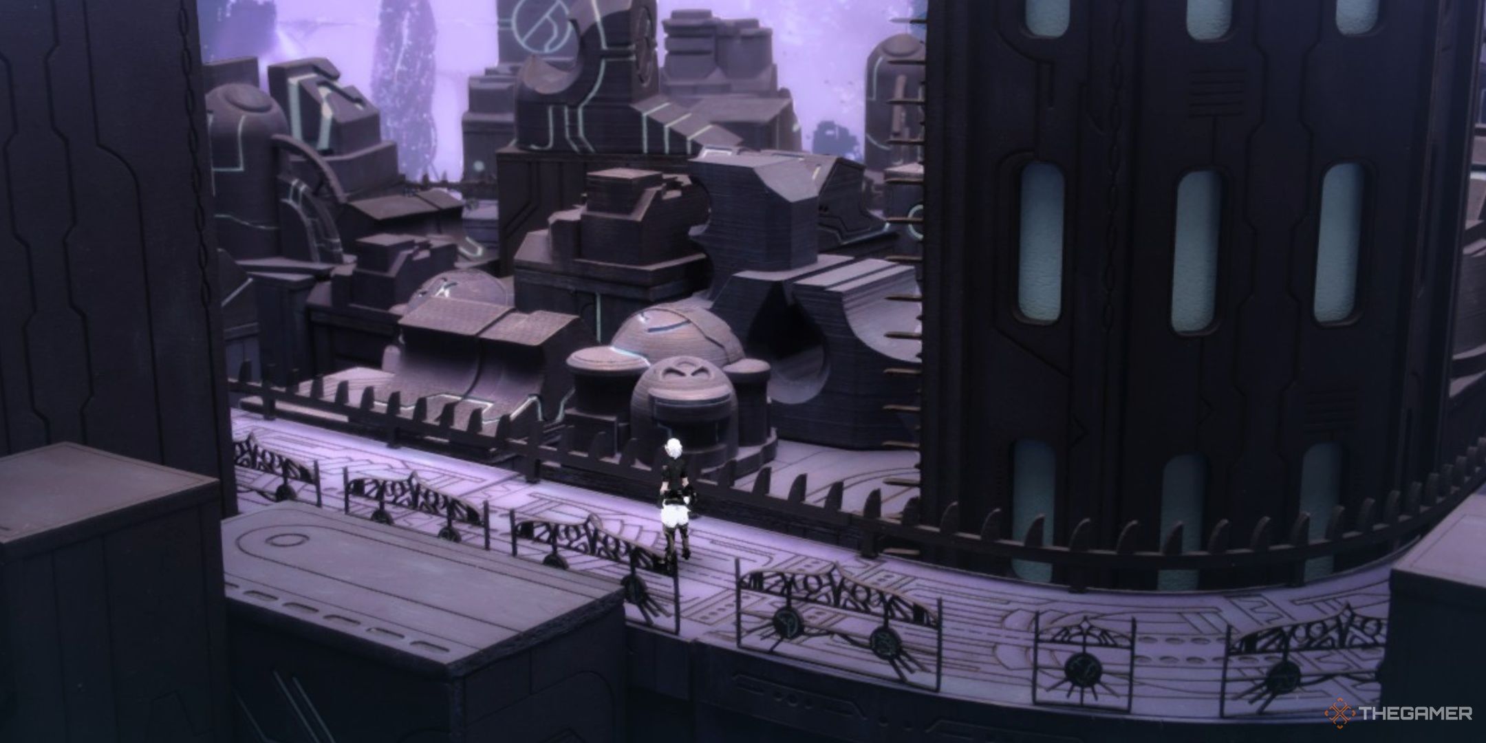Leo on a walkway in the machine world in fantasian neo dimension.
