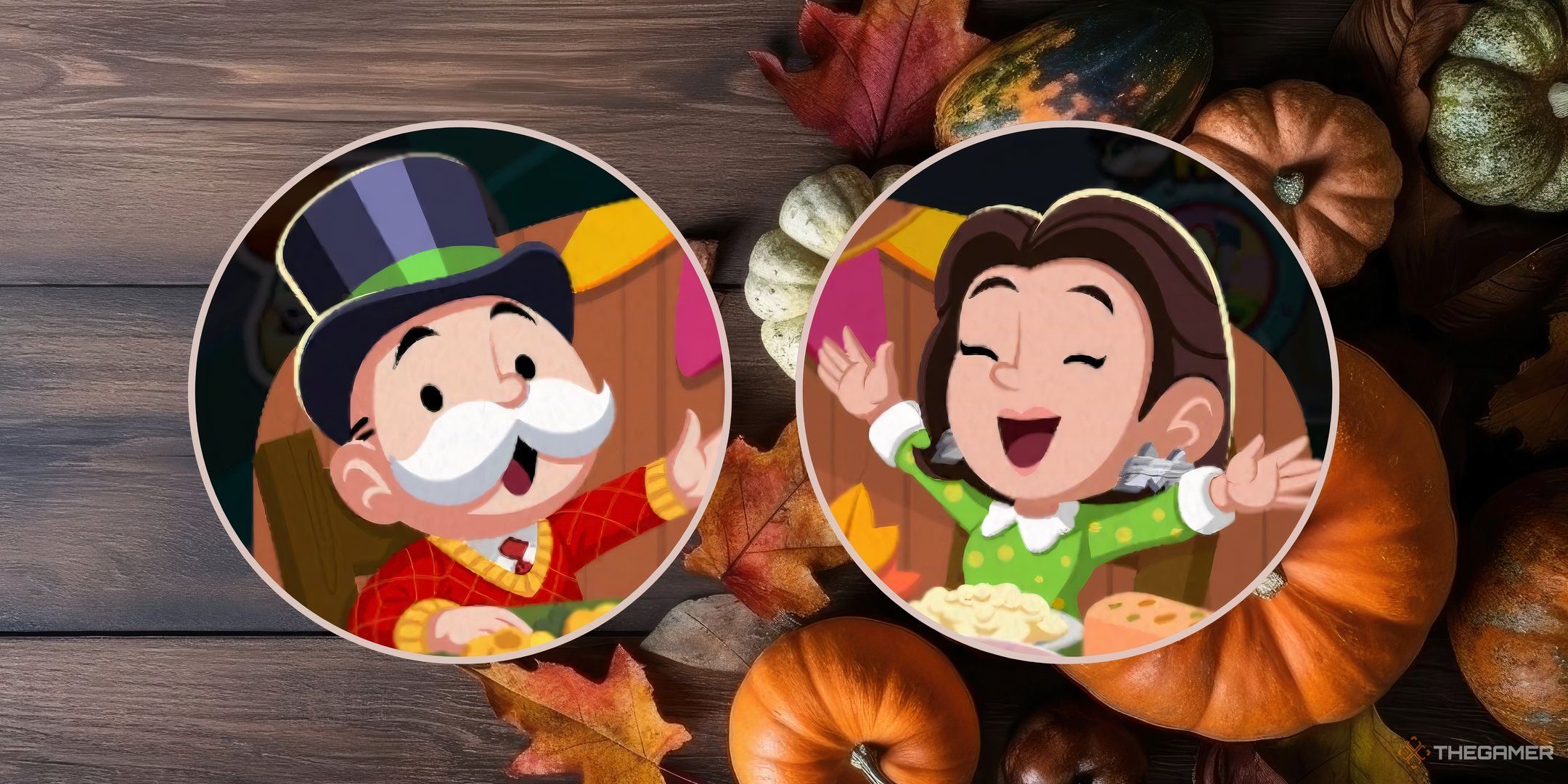 Mr. Monopoly and a friend having a Thanksgiving dinner in Fortune Feast in Monopoly Go, in front of a fall table background.