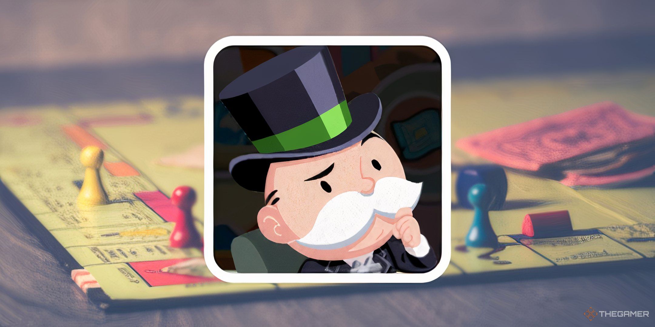 Mr. Monopoly scratching his chin in front of a faded Monopoly board for Billionaire&rsquo;s Blueprint in Monopoly Go.