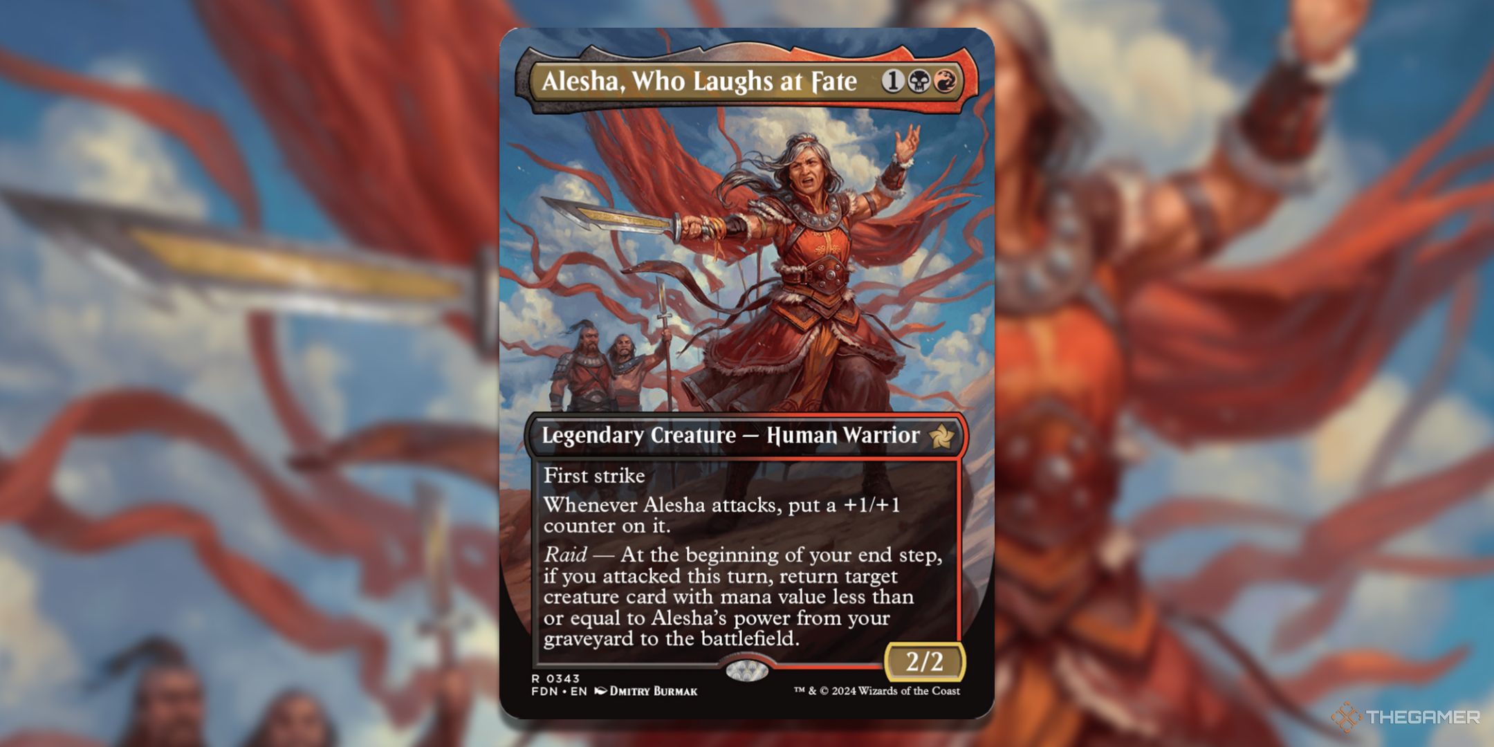 کارت MTG Alesha، Who Laughs Fate با هنر در پس زمینه.
