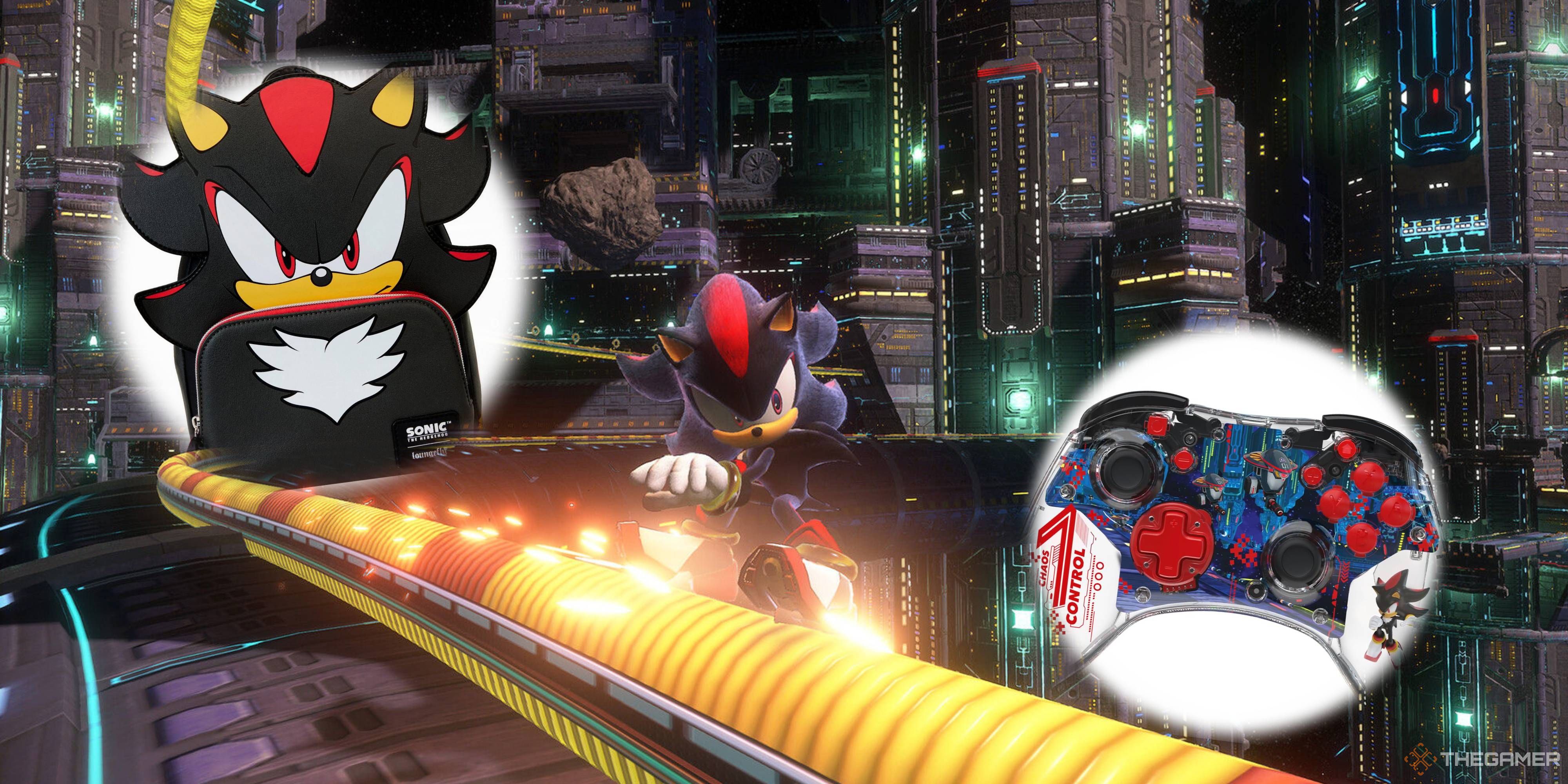 shadow grinding a rail in sonic x shadow generations with a backpack and controller either side of him