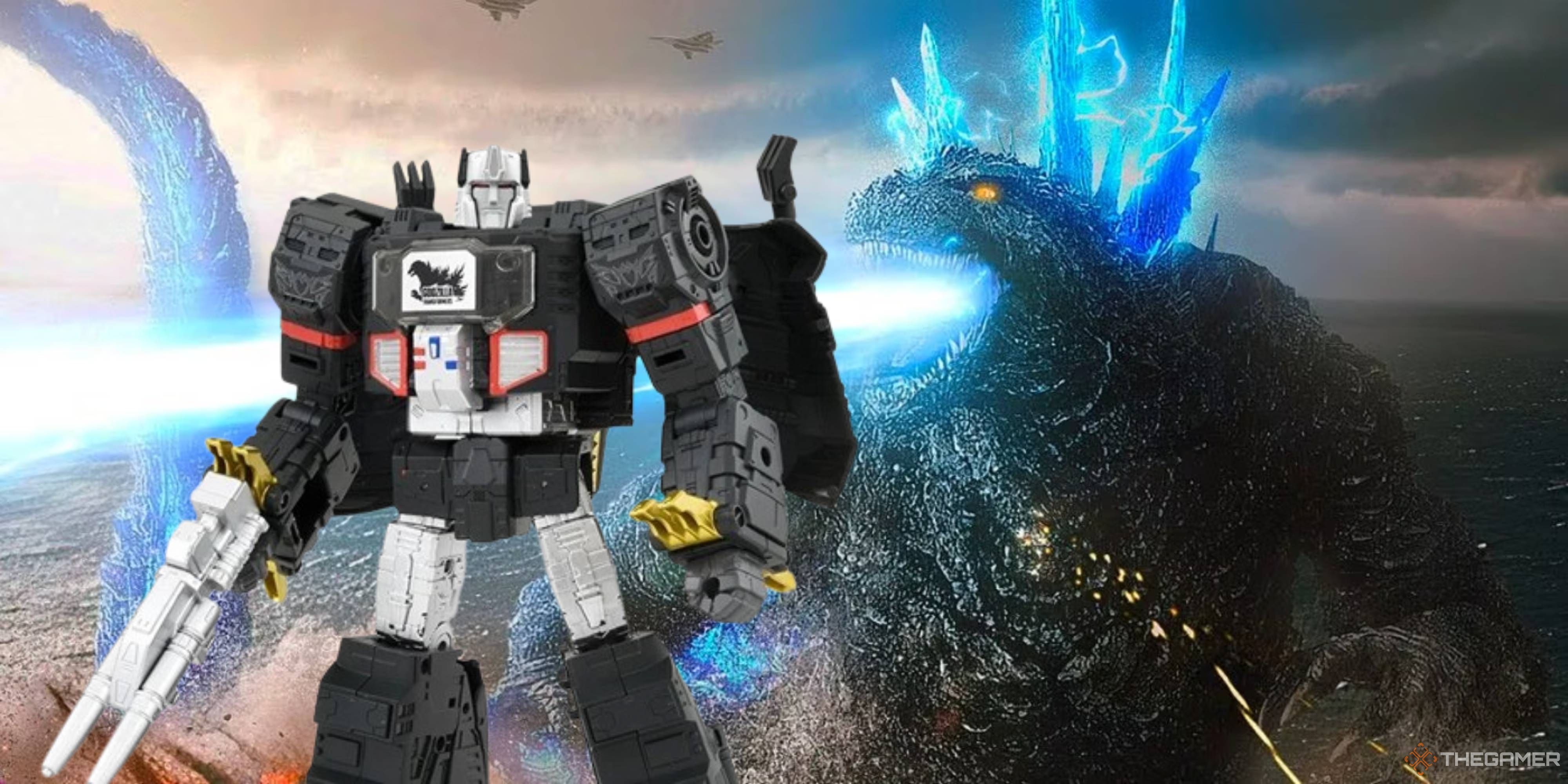 megatron x godzilla transformers action figure next to godzilla using atomic breath.