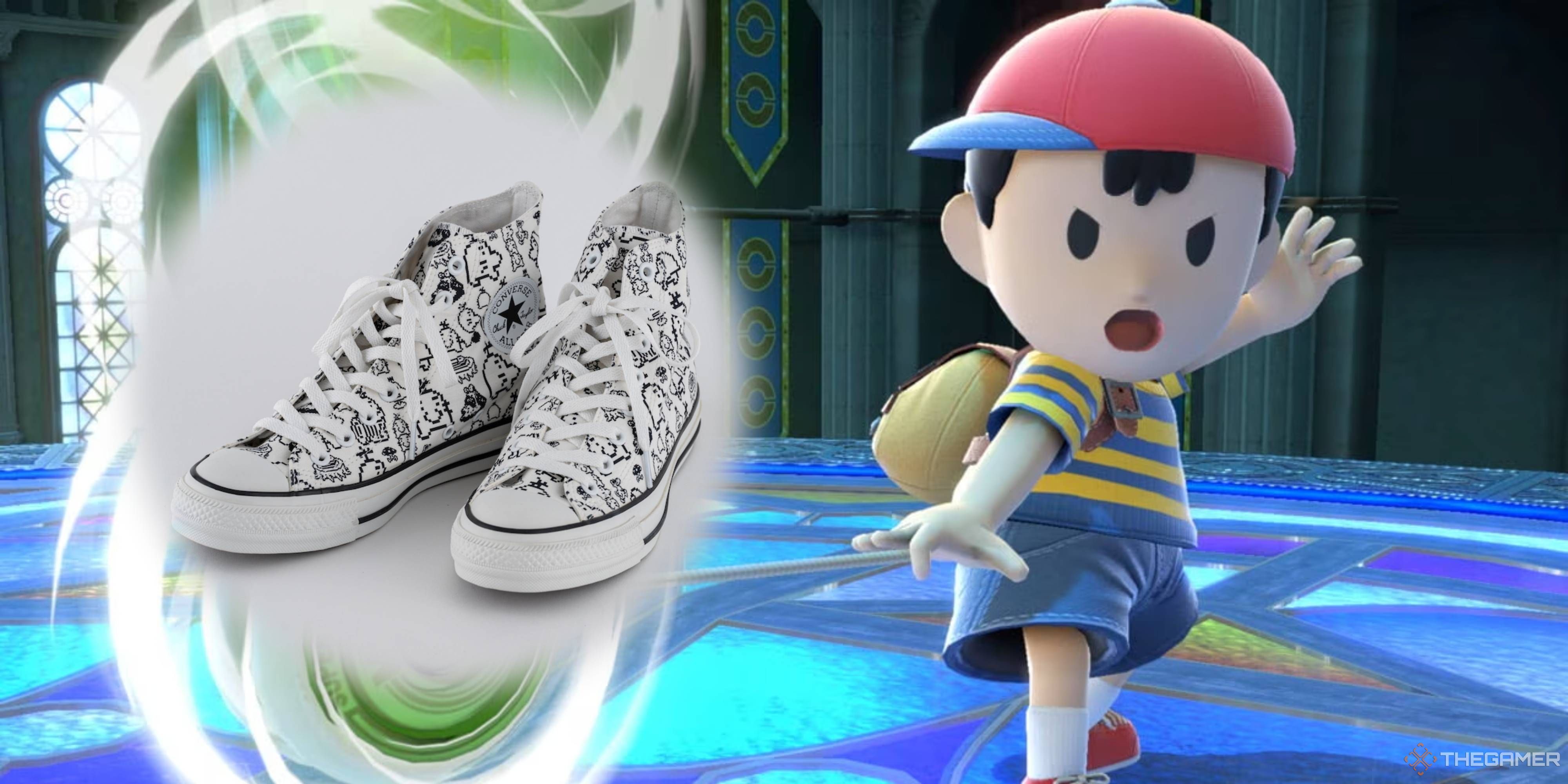 ness in super smash bros ultimate firing his yo yo at a pair of mother converse all stars.