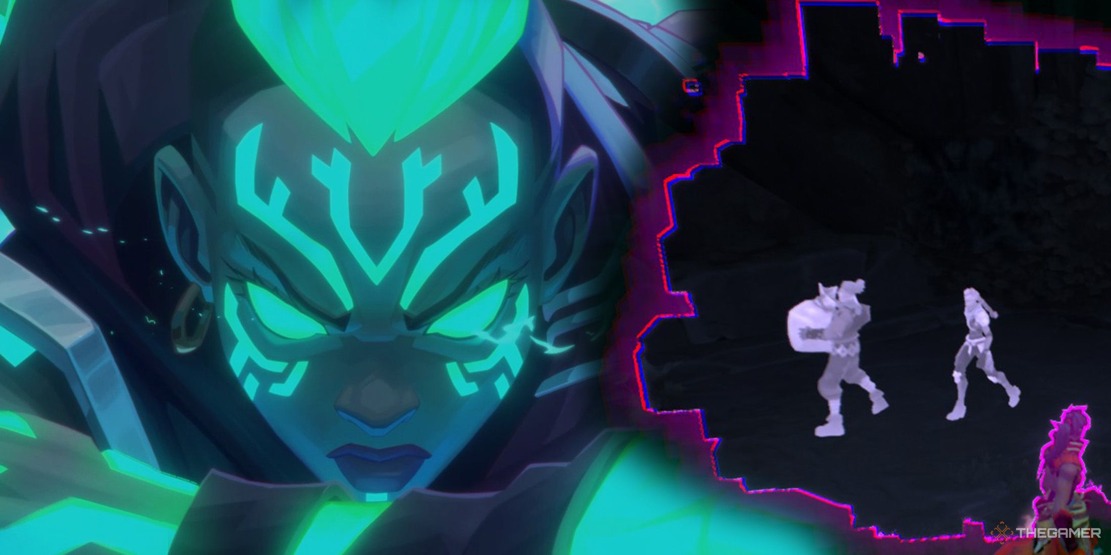 On the right, the player witnesses Lora&rsquo;s memory, while on the left, there is an image of Lora with her eyes glowing green in Wayfinder