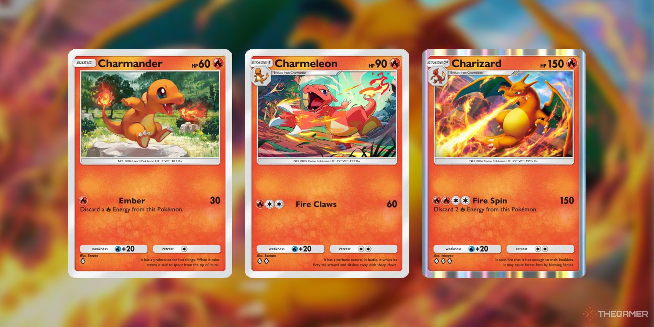 The Charmander evolution line, including cards for Charmander, Charmeleon, and Charizard, with a blurry Charizard in the background.