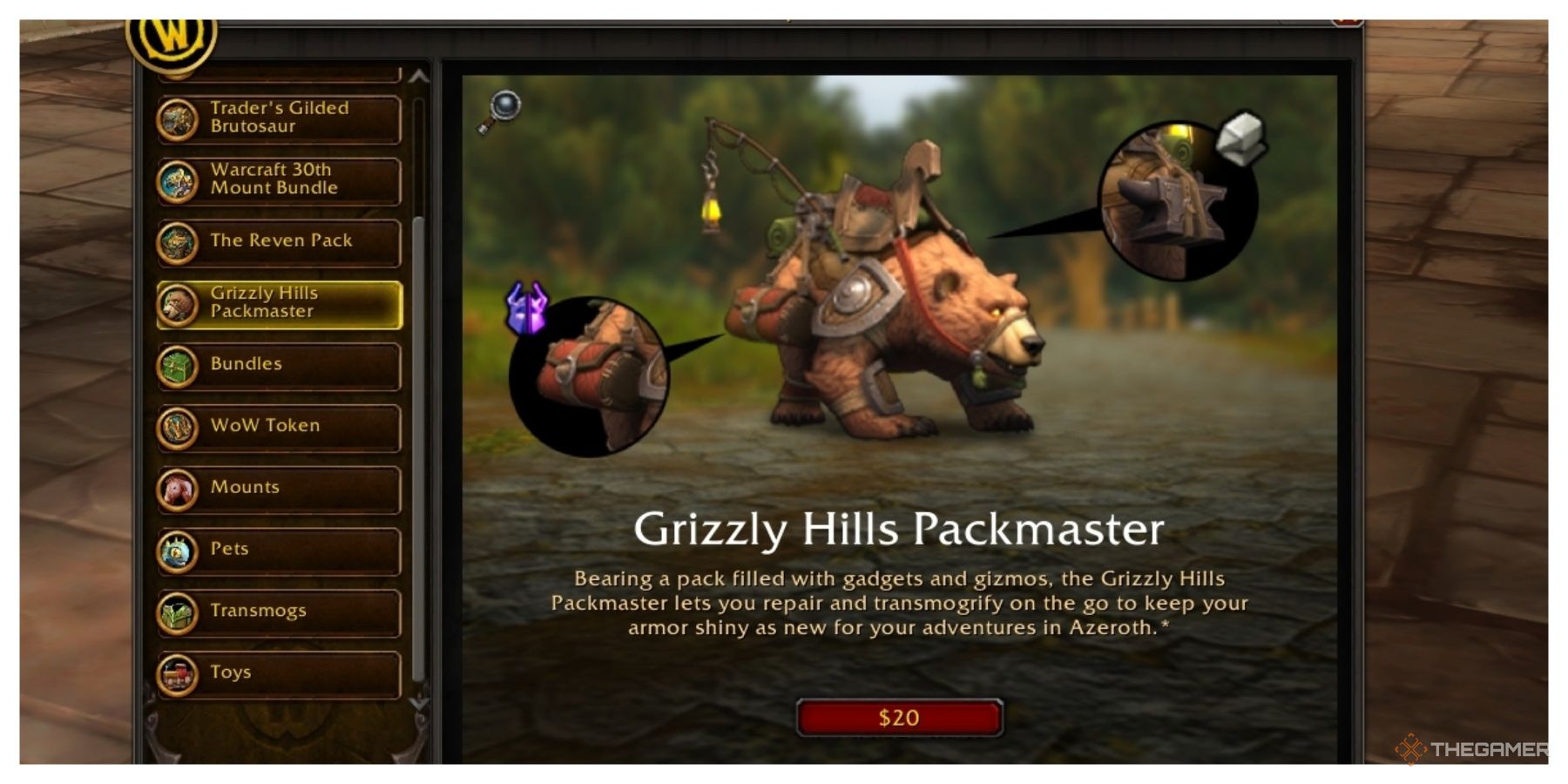 The store page for the Grizzly Hills Packmaster in World of Warcraft.