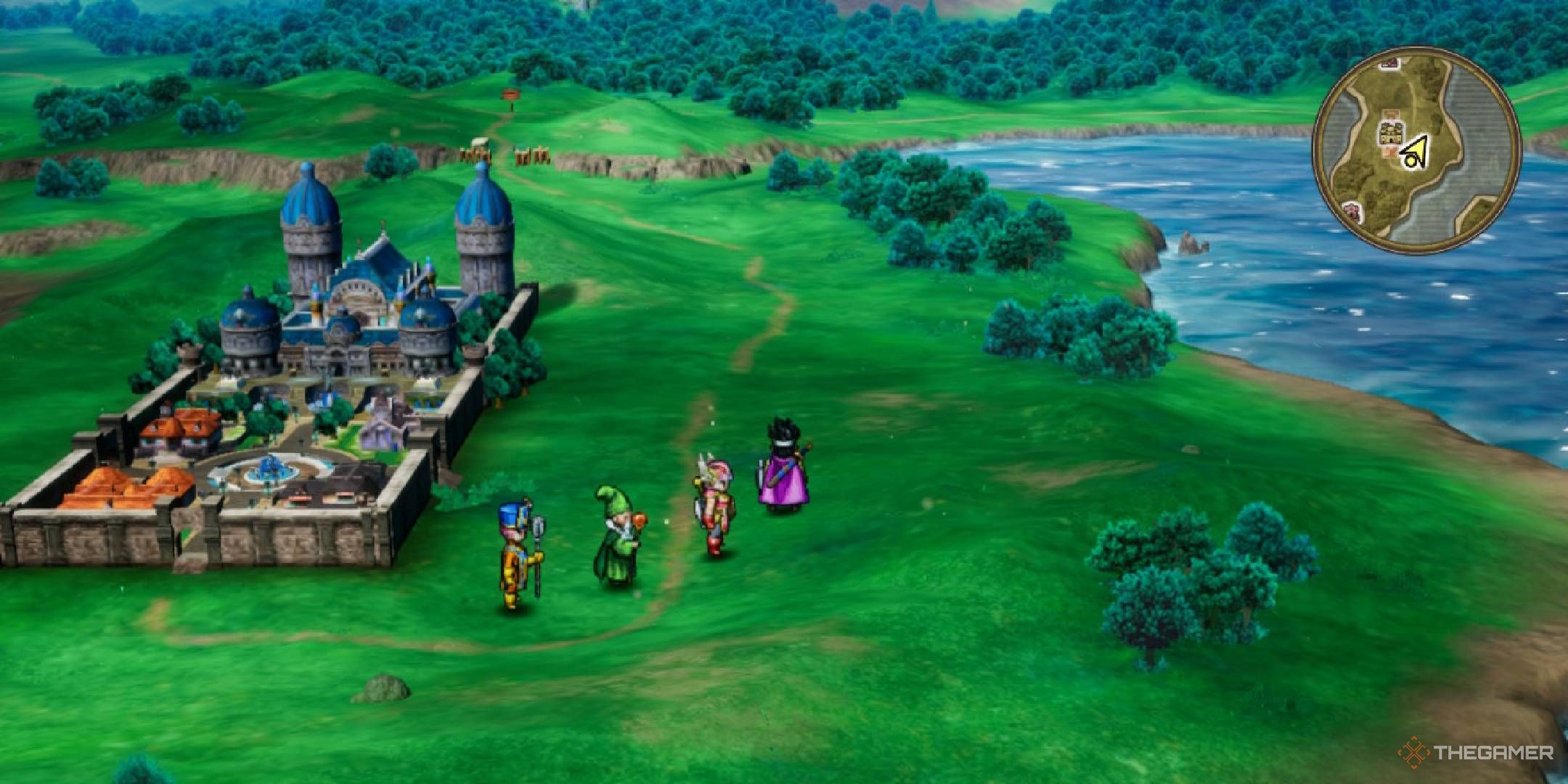 Party walking around the open world with mini-map in Dragon Quest 3 Remake.