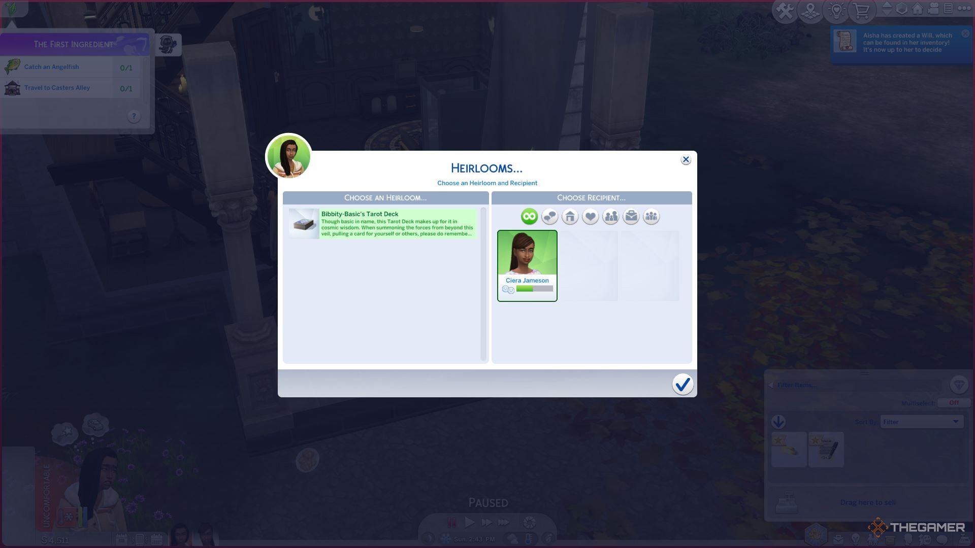 انتقال یک عرشه تاروت موروثی به شخصی در The Sims 4 Life and Death.