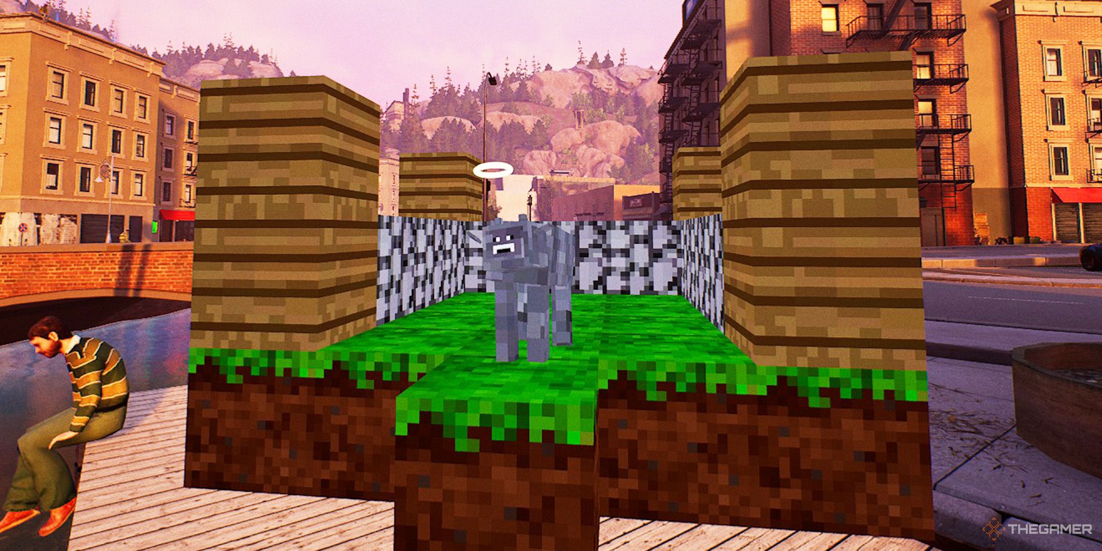 Pilgor is near the canal and standing on the Minecraft blocks in Goat Simulator Remastered.