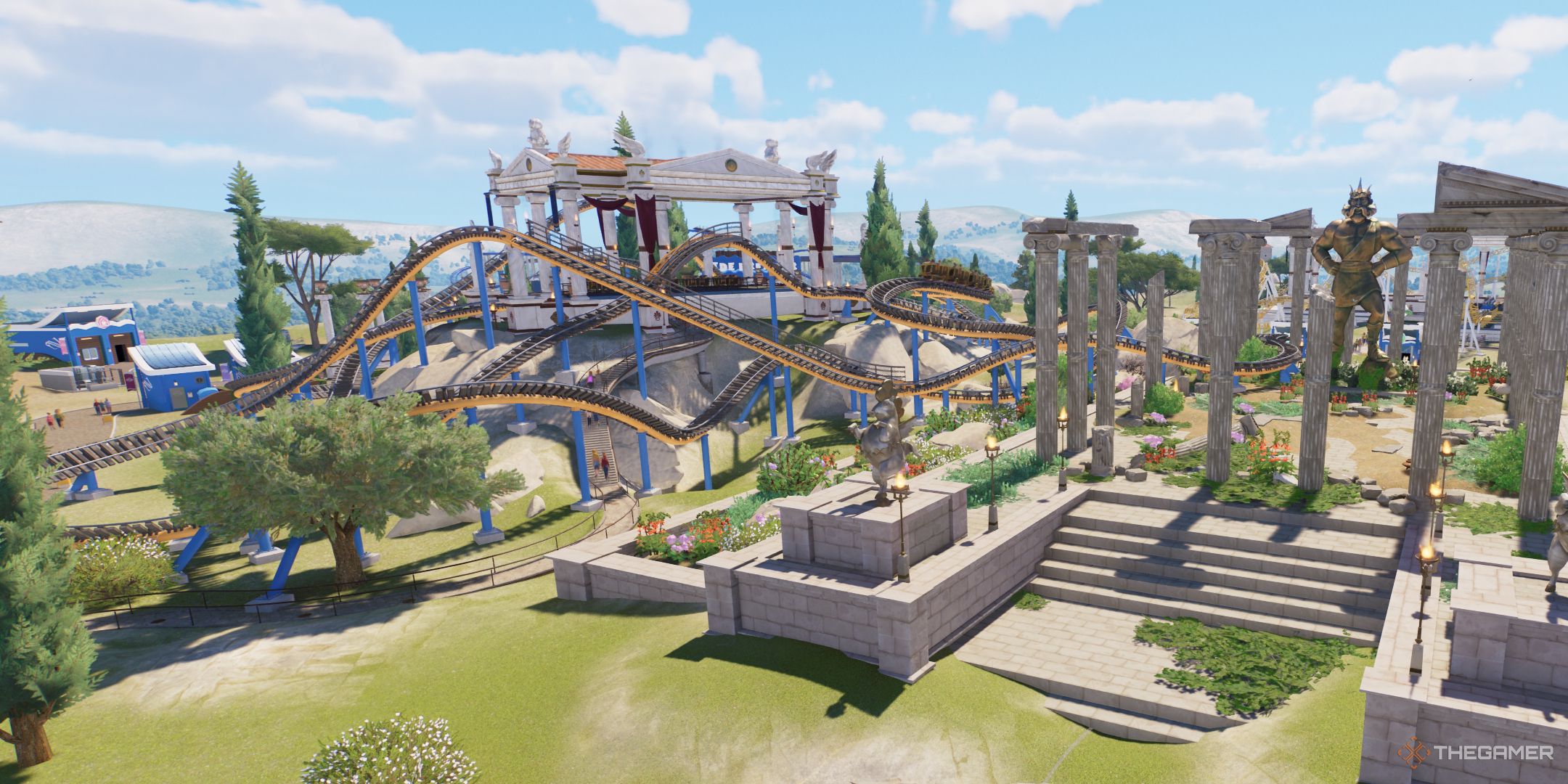 Planet Coaster 2-underlägg med grekisk mytologi-tema på en klippa utan användargränssnitt.