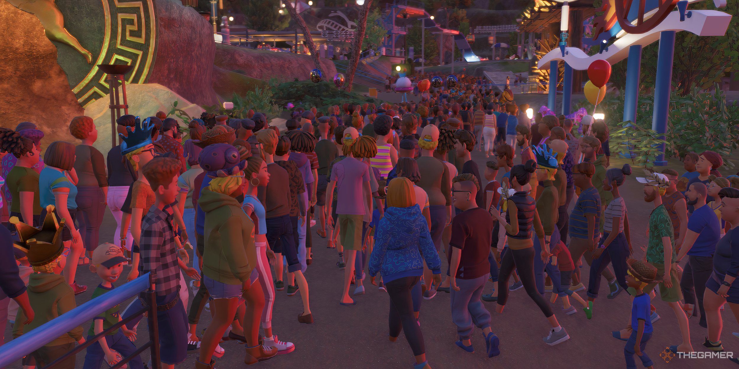نحوه ساخت و ویرایش فروشگاه ها و ساختمان ها در Planet Coaster 2 25 Planet Coaster 2 مهمانهایی که در پارک روی یک پیادهرو ازدحام میکنند.