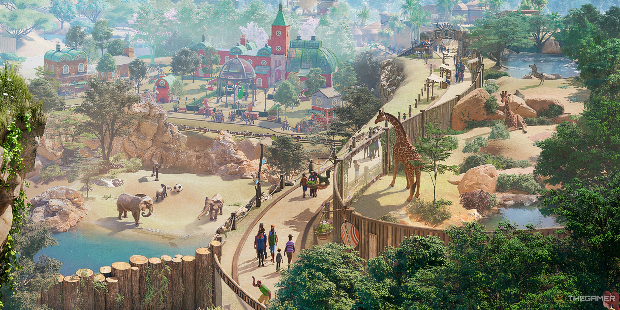 Planet Zoo Aerial view of several habitats and exhibits while guests walk down the path.