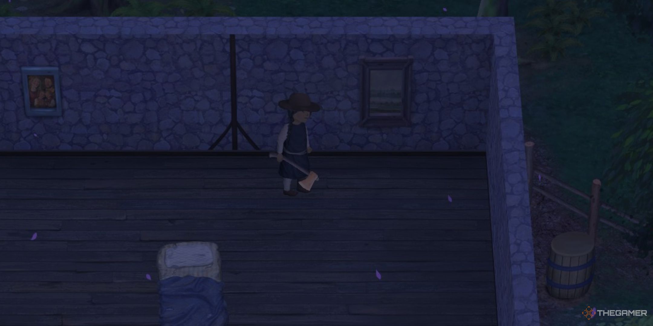 Player wearing the Preacher&rsquo;s Hat next to the Marsh Painting in Mirthwood