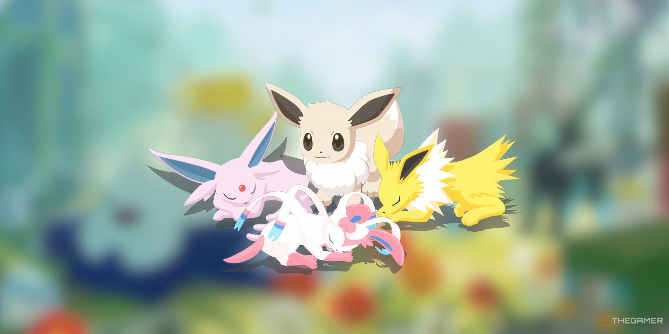 Pokemon Sleep Shiny Eevee surrounded by sleeping Jolteon, Espeon, and Sylveon on a blurred background.