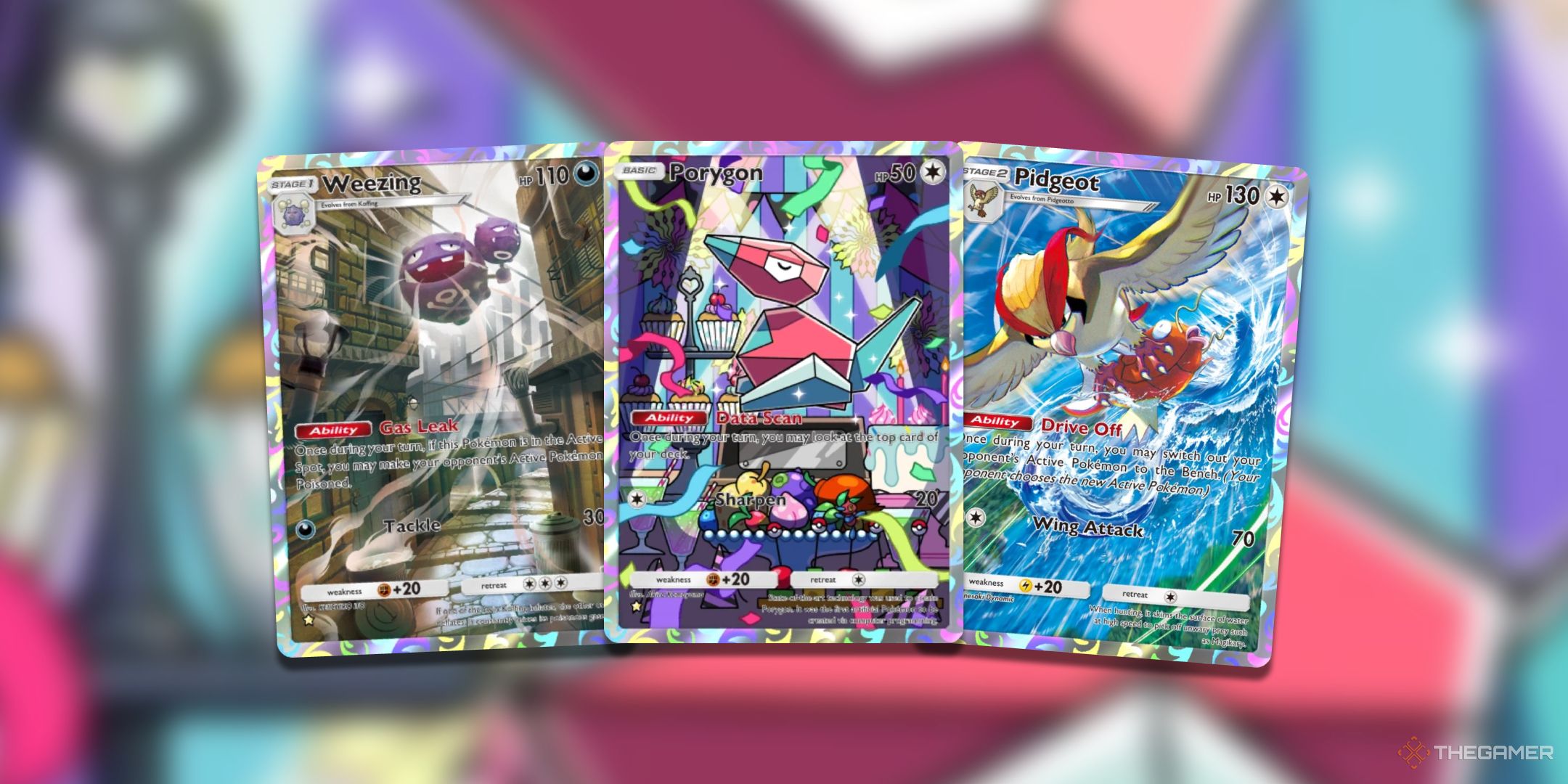 Pokemon with Abilities in Pokemon TCG Pocket with three cards featuring Weezing, Porygon and Pidgeot side by side.