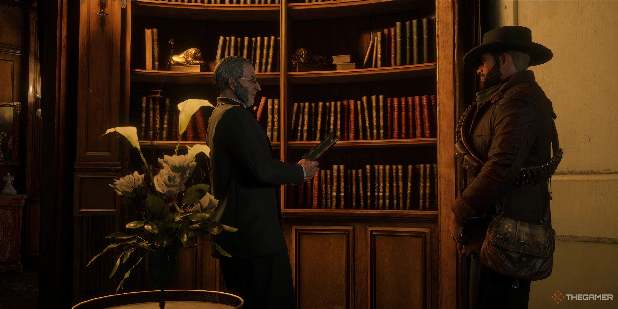 The Saint Denis mayor and Arthur in the mayor's study in Red Dead Redemption 2.