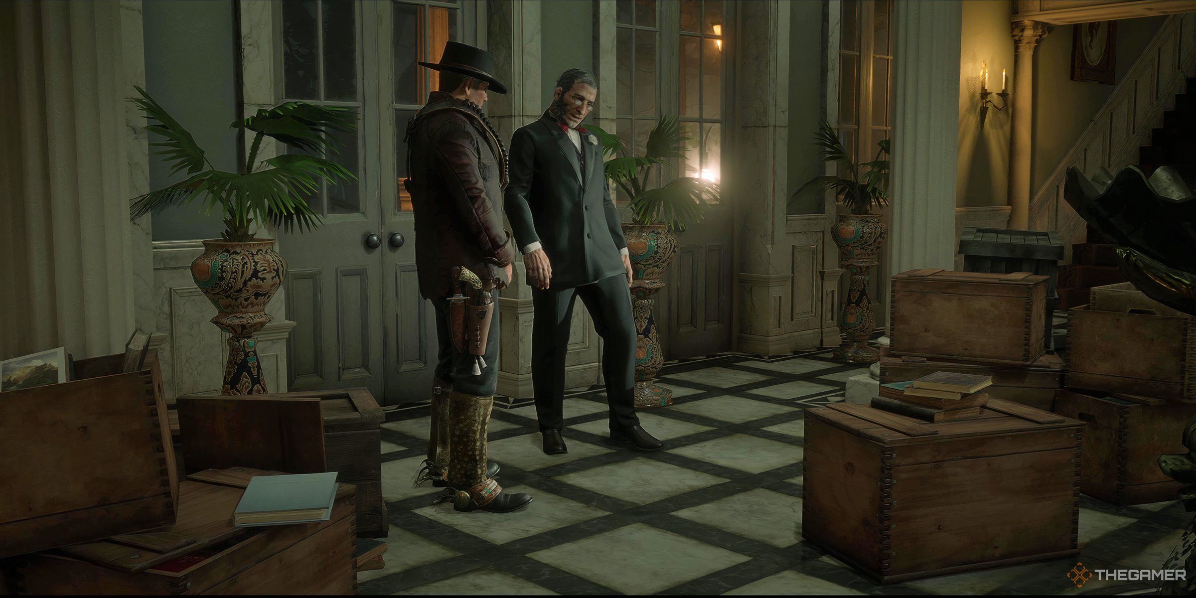 The Saint Denis mayor and Arthur near some crates in Red Dead Redemption 2.