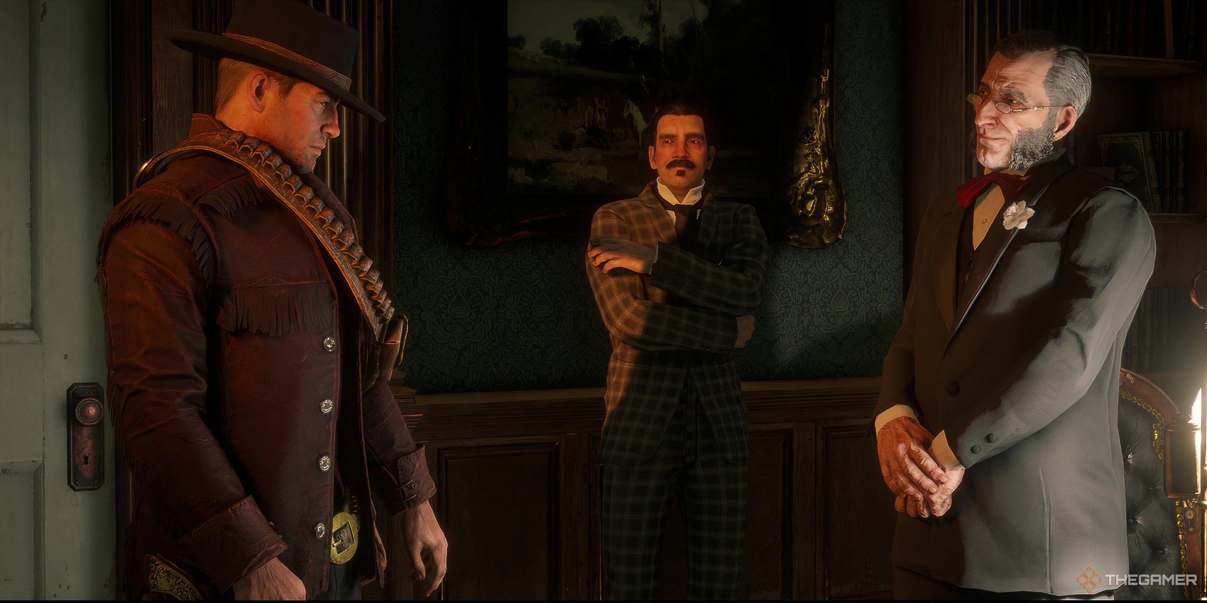 The Saint Denis mayor, Arthur Morgan, and Jean Marc in Red Dead Redemption 2.