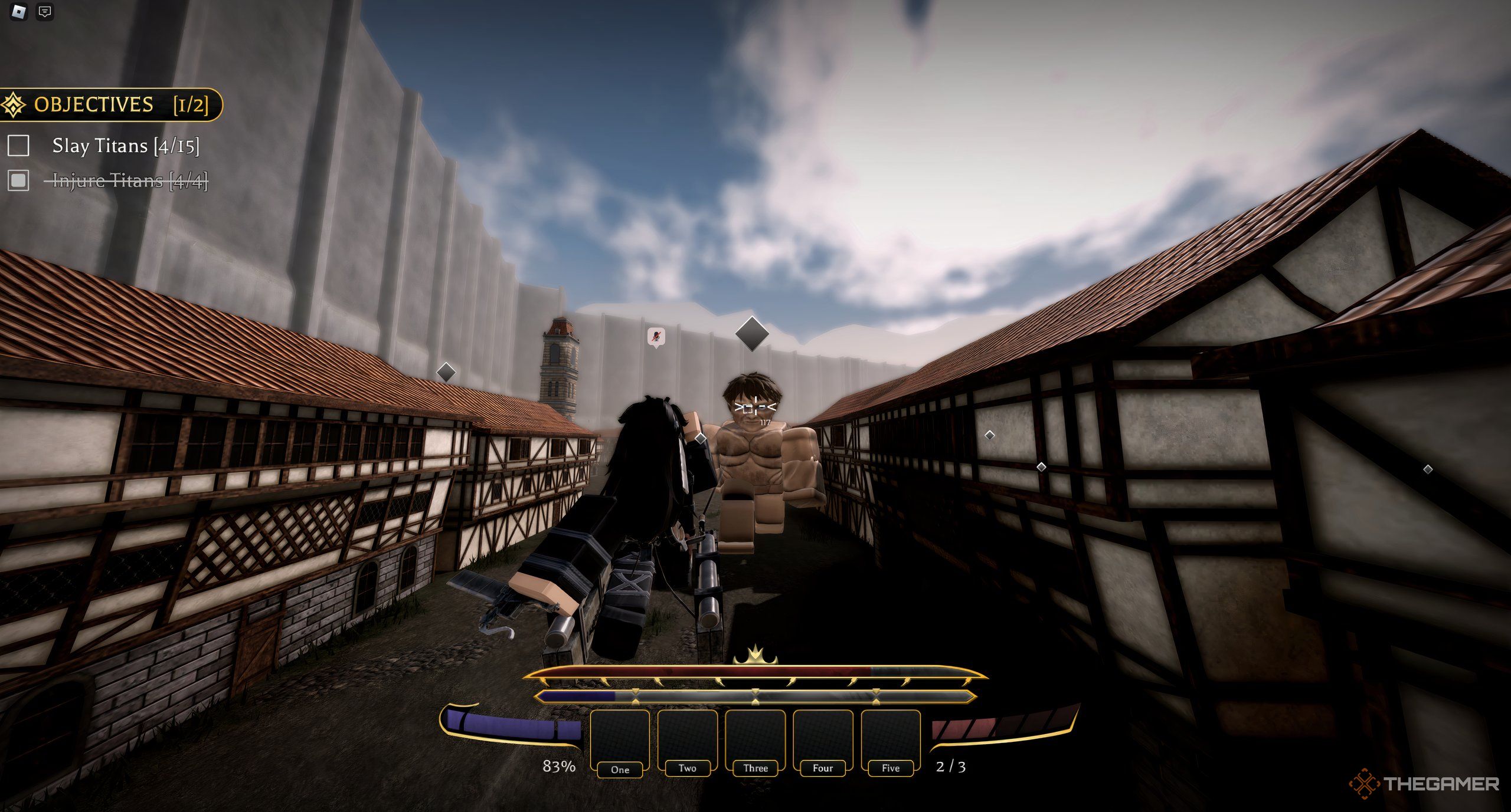 A player in Roblox: Attack on Titan Revolution attacking a titan.