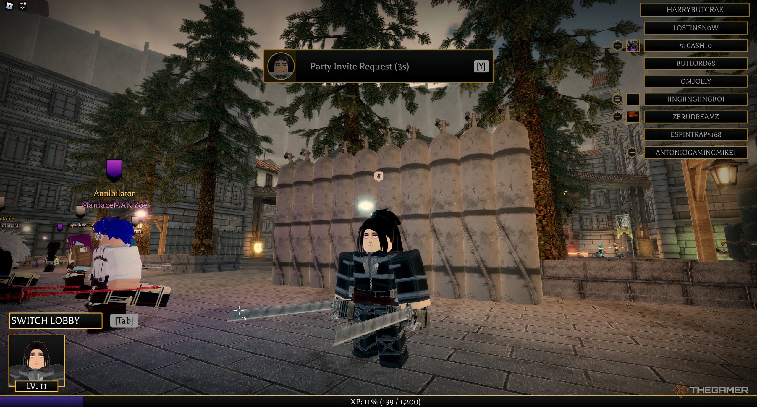 A player in the lobby of Roblox: Attack on Titan Revolution.