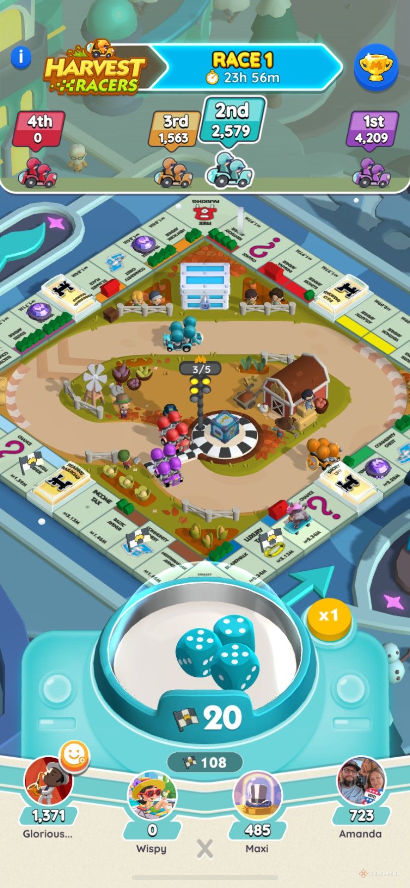 Rolling on the blue team during Harvest Racers in Monopoly Go.
